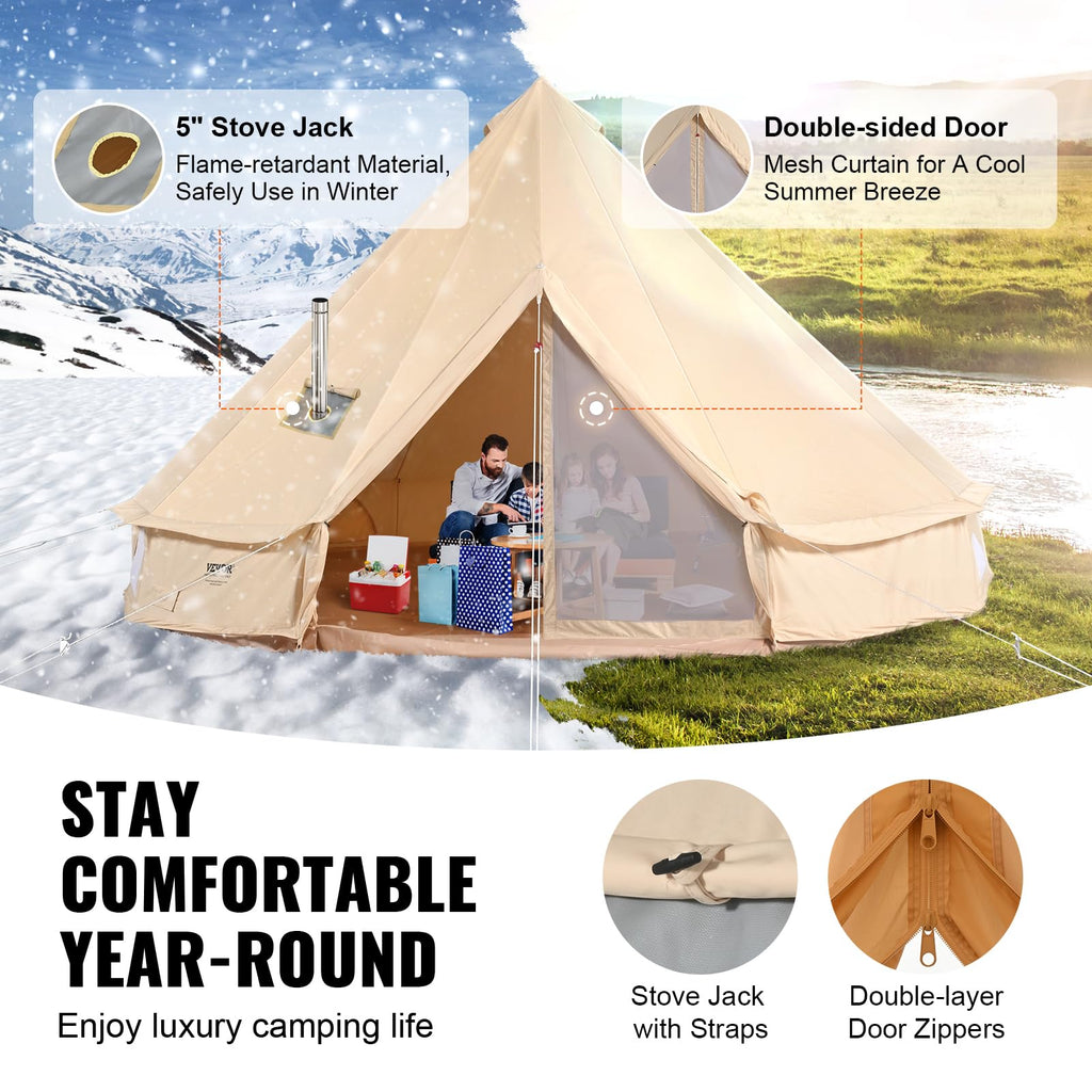 VEVOR Canvas Tent Bell Tent, 4 Seasons 4 m/13.12 ft, for Camping with Stove Jack, Family Camping Outdoor Hunting Party
