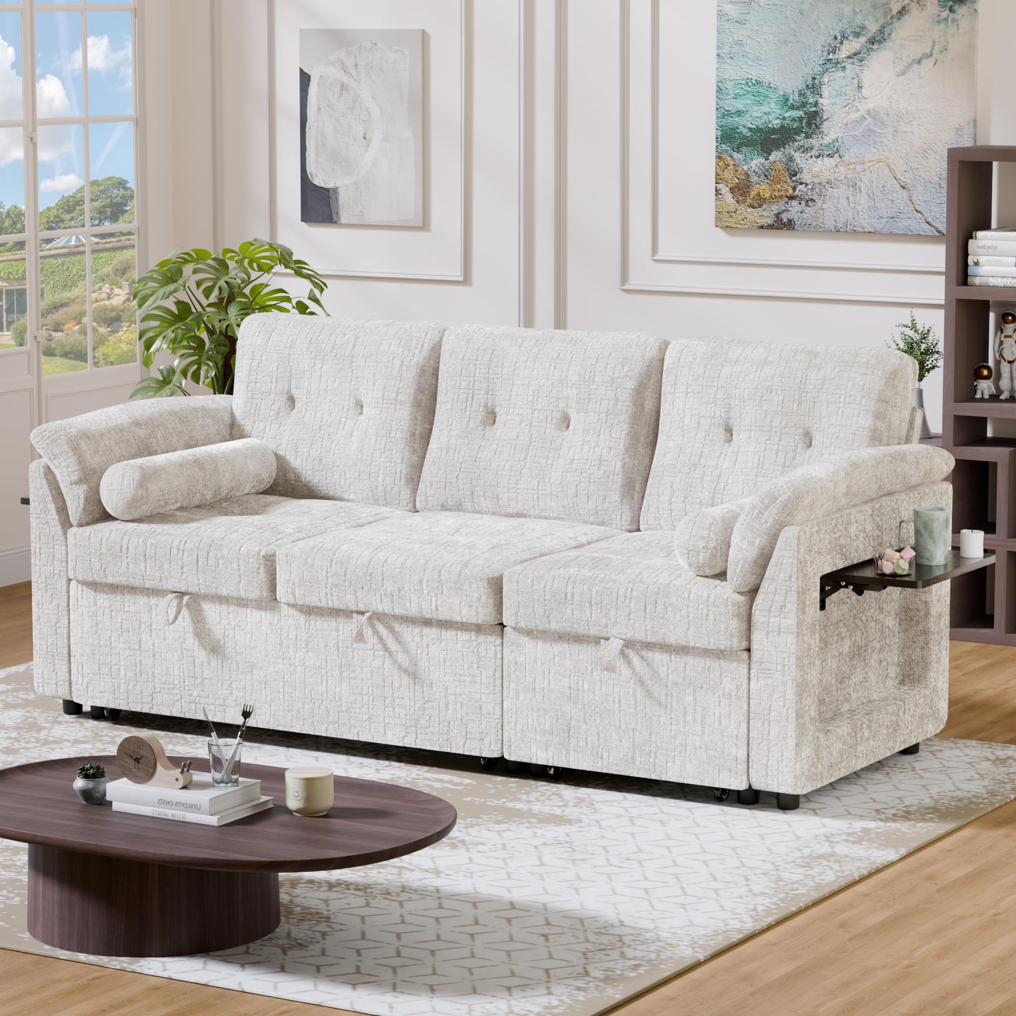 Trygoal Convertible Sleeper Sofa Bed, 63 Inch Chenille Pull Out Couch with Side Table & Adjustable Backrest, Sectional Sleeper Sofa with Pull Out Bed for Living Room, Apartment, Beige