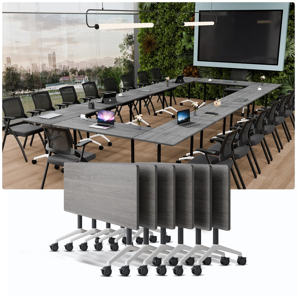 JNMDLAKO Modular Folding Conference Table with Locking Wheels, 10 Pack Flip Top Mobile Training Table, Modern Meeting Seminar Tables for Office, Hotel Conference Room(10,Grey,55" L x 21" W x 29" H)