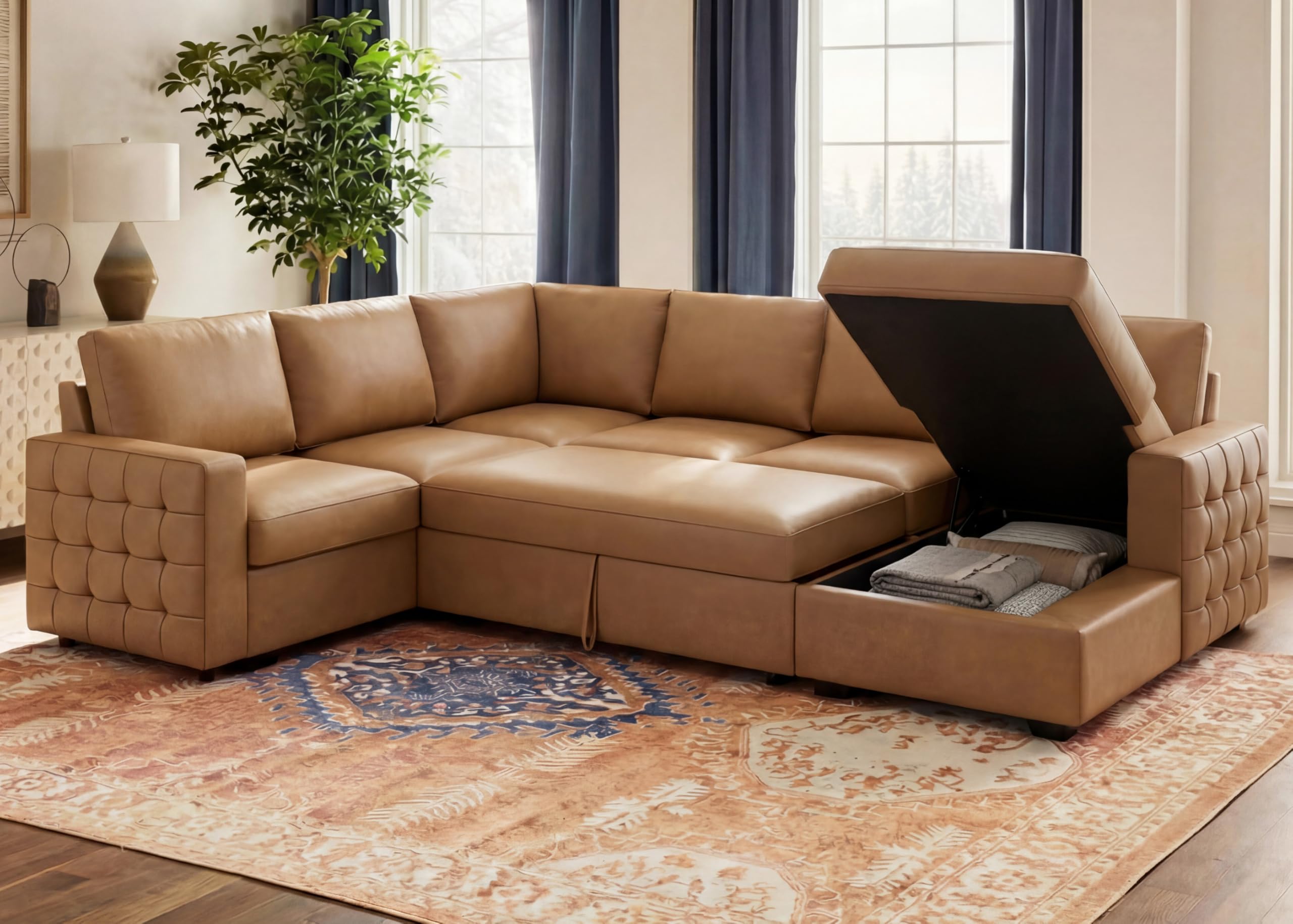 Leathaire 111 Inch Sectional Sleeper Sofa with Pull Out Bed, U Shaped 6 Seat Modular Sectional Couch with Storage for Living Room, Faux Leather Brown