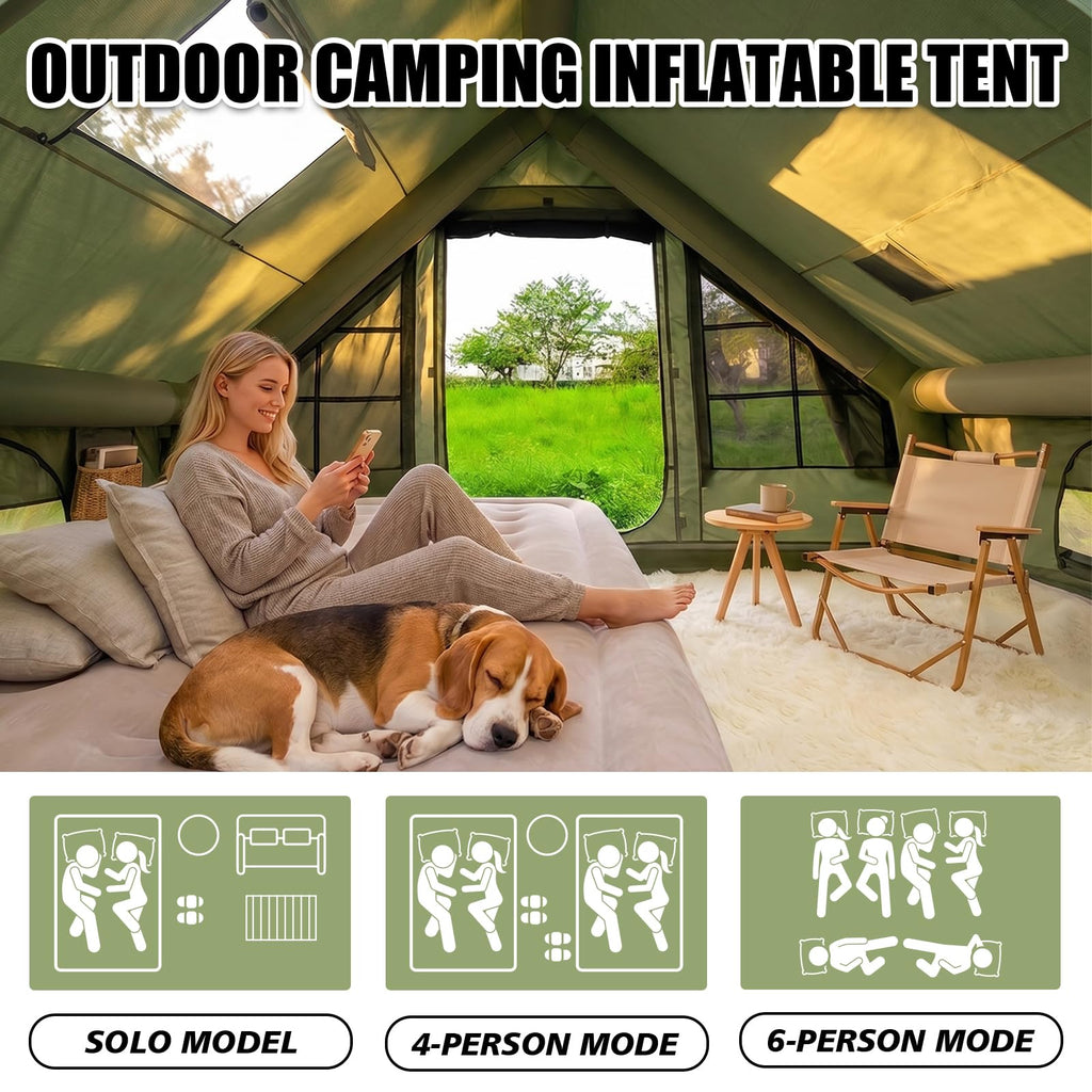 9.8' x 7' Inflatable Tents for Camping 4-6 Person, 4 Season Blow Up Tent with Waterproof & Anti-Moisture Tarp, Luxury Inflatable Hot Tent with Stove Jack for Camping Outdoors