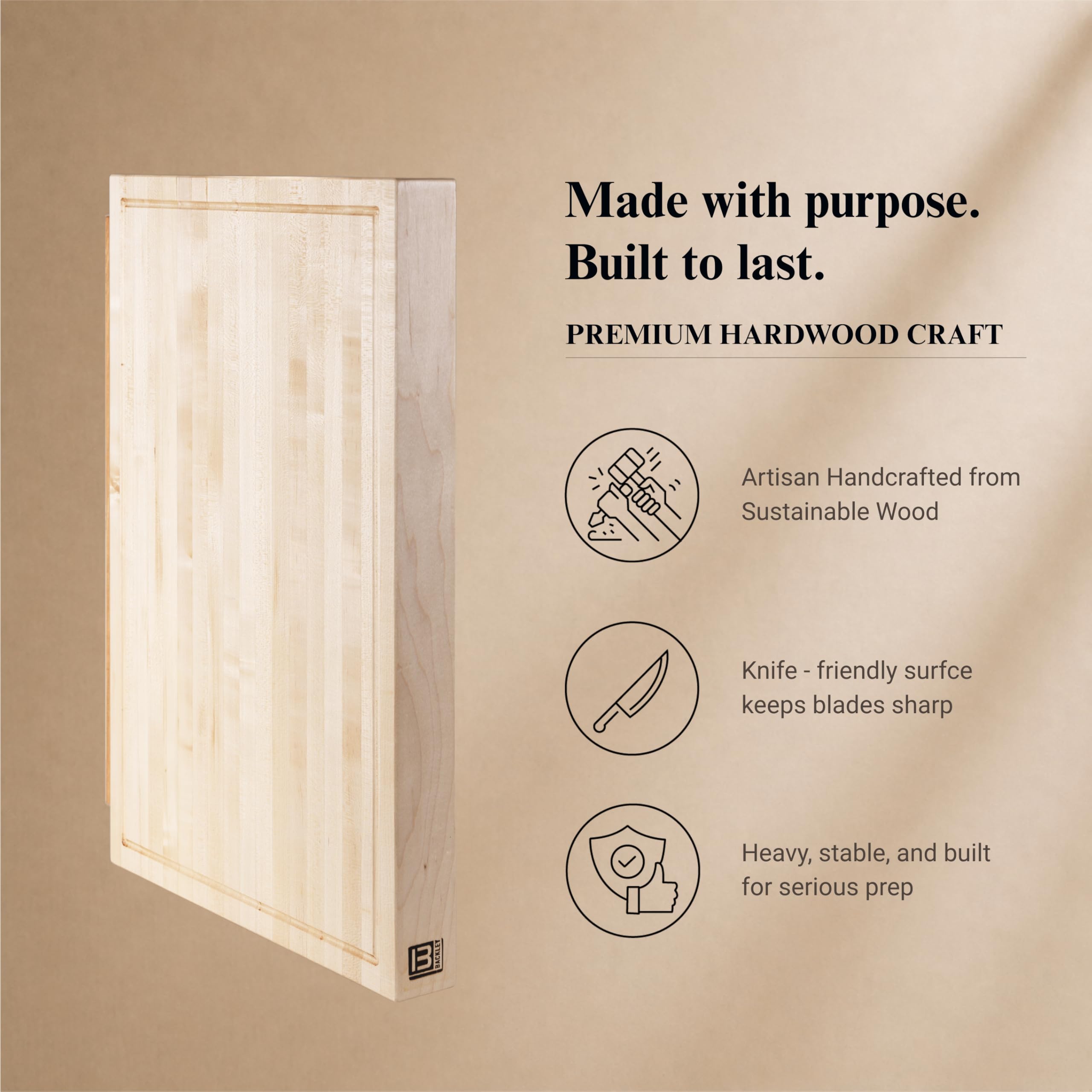 Backley Cutting Board For Kitchen - Extra Thick Wooden Chopping Board, Reversible Carving Board - Big Bad Block Maple - 15"x24"x2.25"
