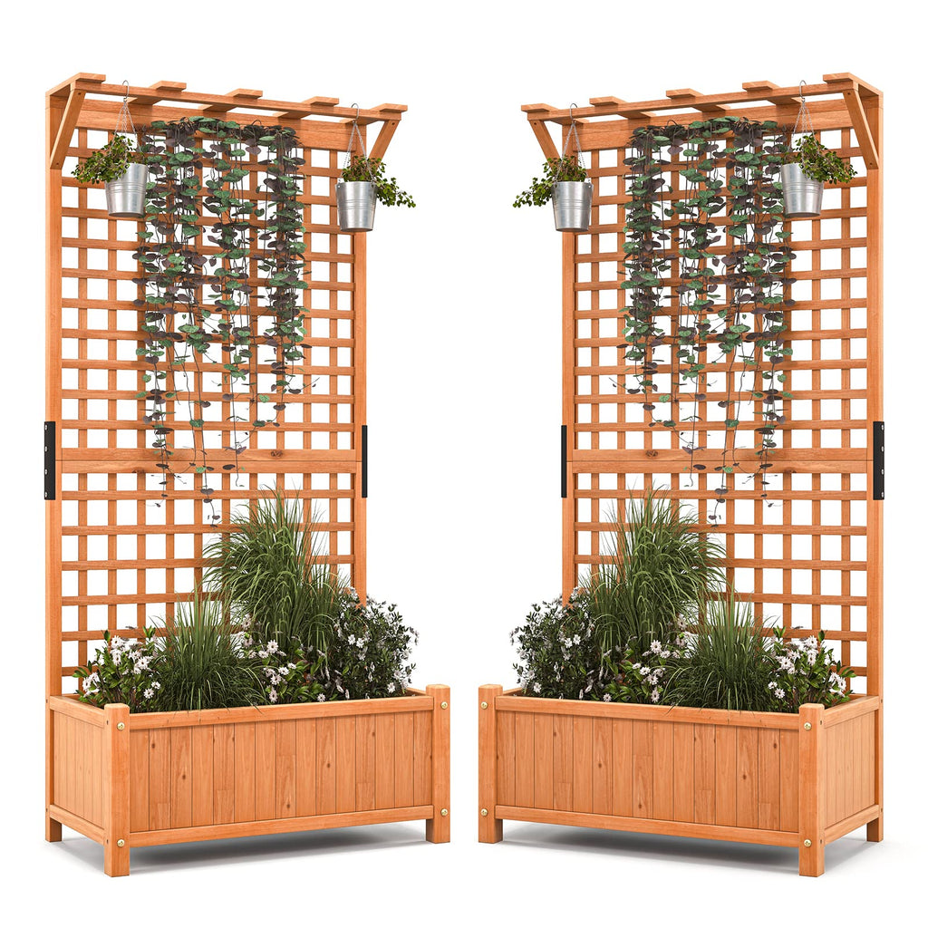 Giantex 2 Pcs Raised Garden Bed with Trellis & Roof, 72.5" Wooden Garden Bed, High Trellis for Plant Flower Climbing Pot Hanging, Indoor & Outdoor Planter Box for Yard, Garden, Balcony