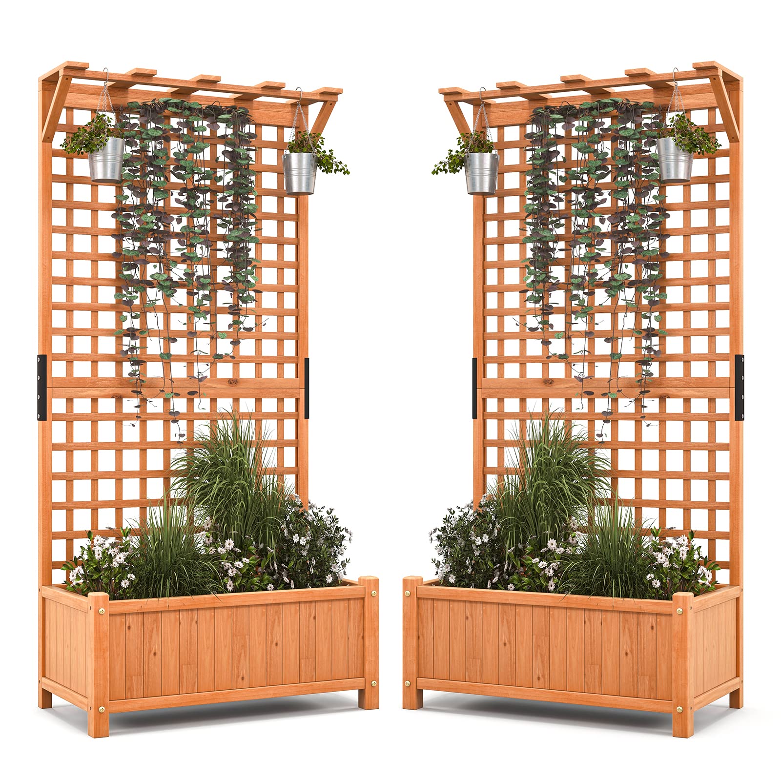 Giantex 2 Pcs Raised Garden Bed with Trellis & Roof, 72.5" Wooden Garden Bed, High Trellis for Plant Flower Climbing Pot Hanging, Indoor & Outdoor Planter Box for Yard, Garden, Balcony