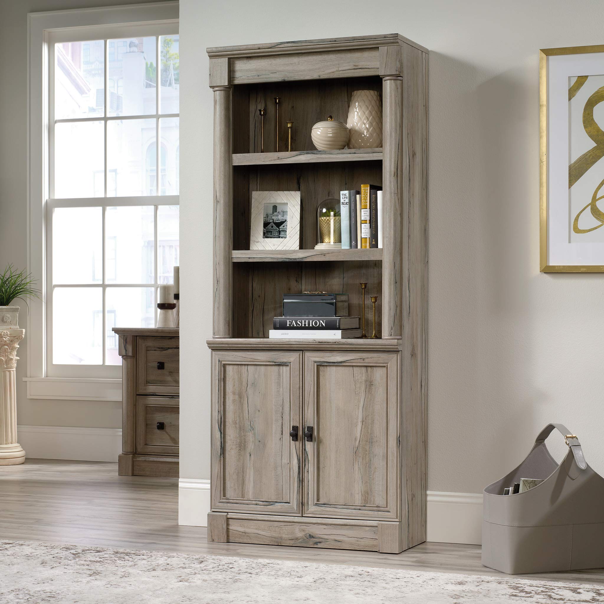 Sauder Palladia Book Shelf, Bookshelf with Storage, Library Bookcase with Doors and Adjustable Shelves, in Split Oak Finish