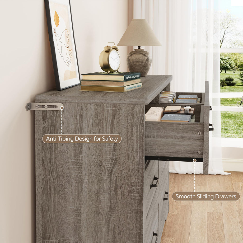 Ball & Cast Farmhouse 6 Drawer Dresser for Bedroom, 47" W Modern Chest of Drawers with Metal Handles, Wood Dresser TV Stand, Dresser Drawer Organizer for Closet, Living Room,Hallway,Gray