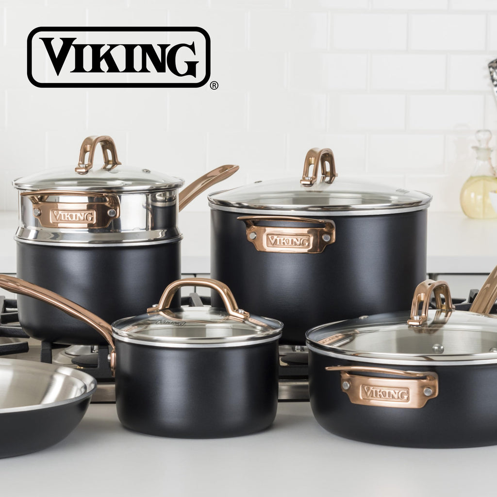 Viking 3 Ply Pots and Pans Set, 11 Piece Stainless Steel Kitchen Cookware with Glass Lids, Black with Copper