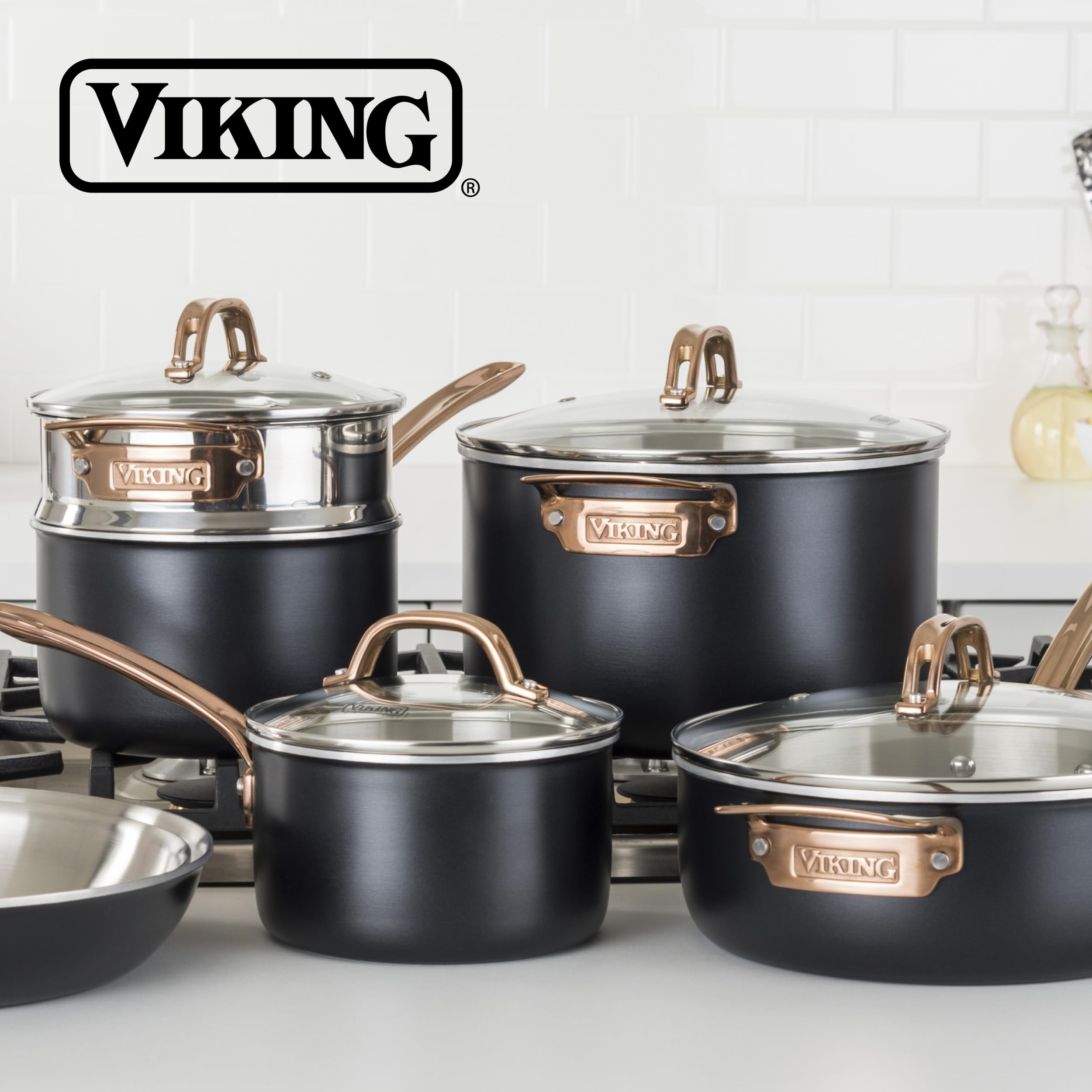 Viking 3 Ply Pots and Pans Set, 11 Piece Stainless Steel Kitchen Cookware with Glass Lids, Black with Copper