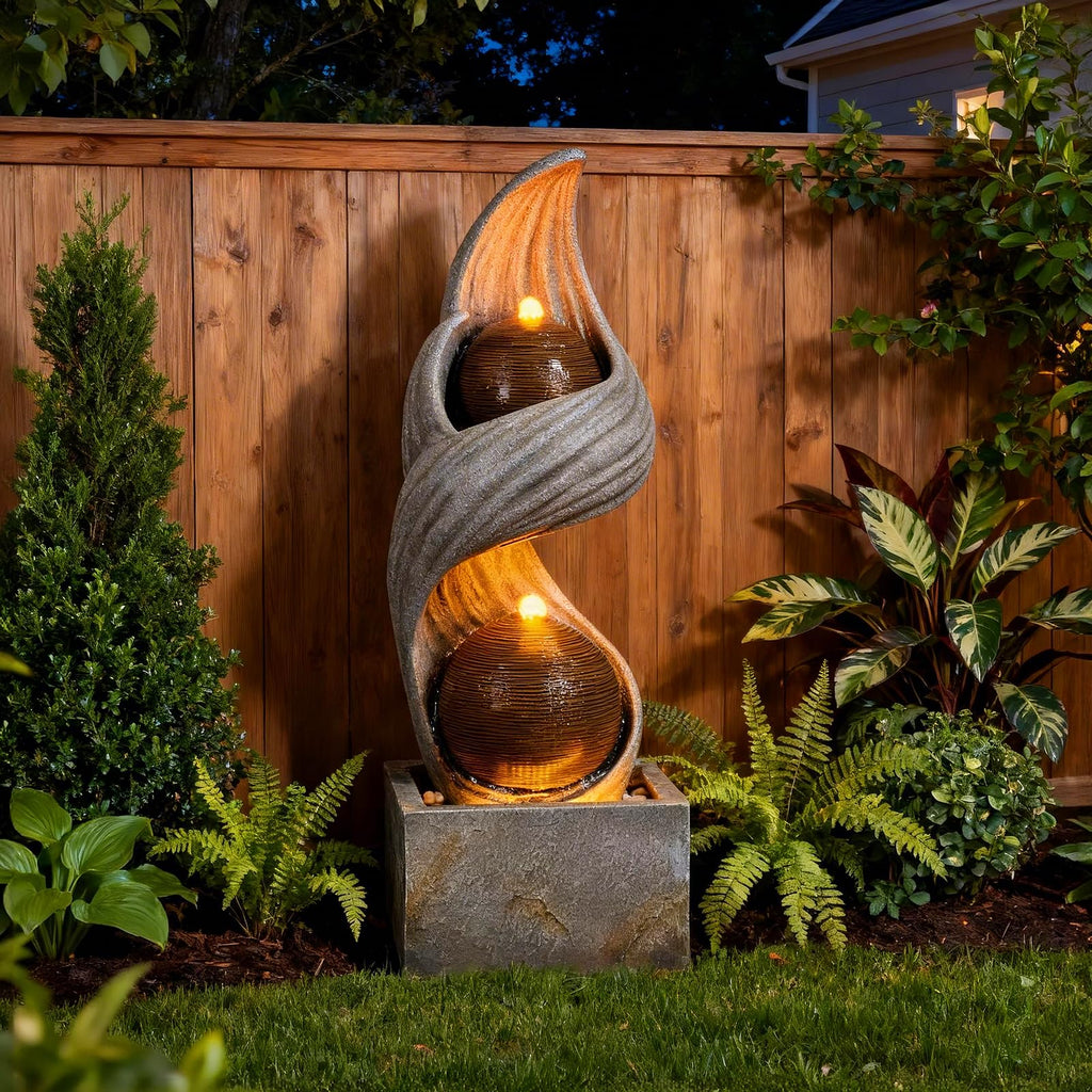 42.9"H Large Indoor Water Fountains,Modern Spiral Water Fountain Outdoor with Dual Spheres Zen Water Feature Floor Fountain with Light LED Waterfall for Outside Deck, Patio, Porch, Garden, Yard Decor