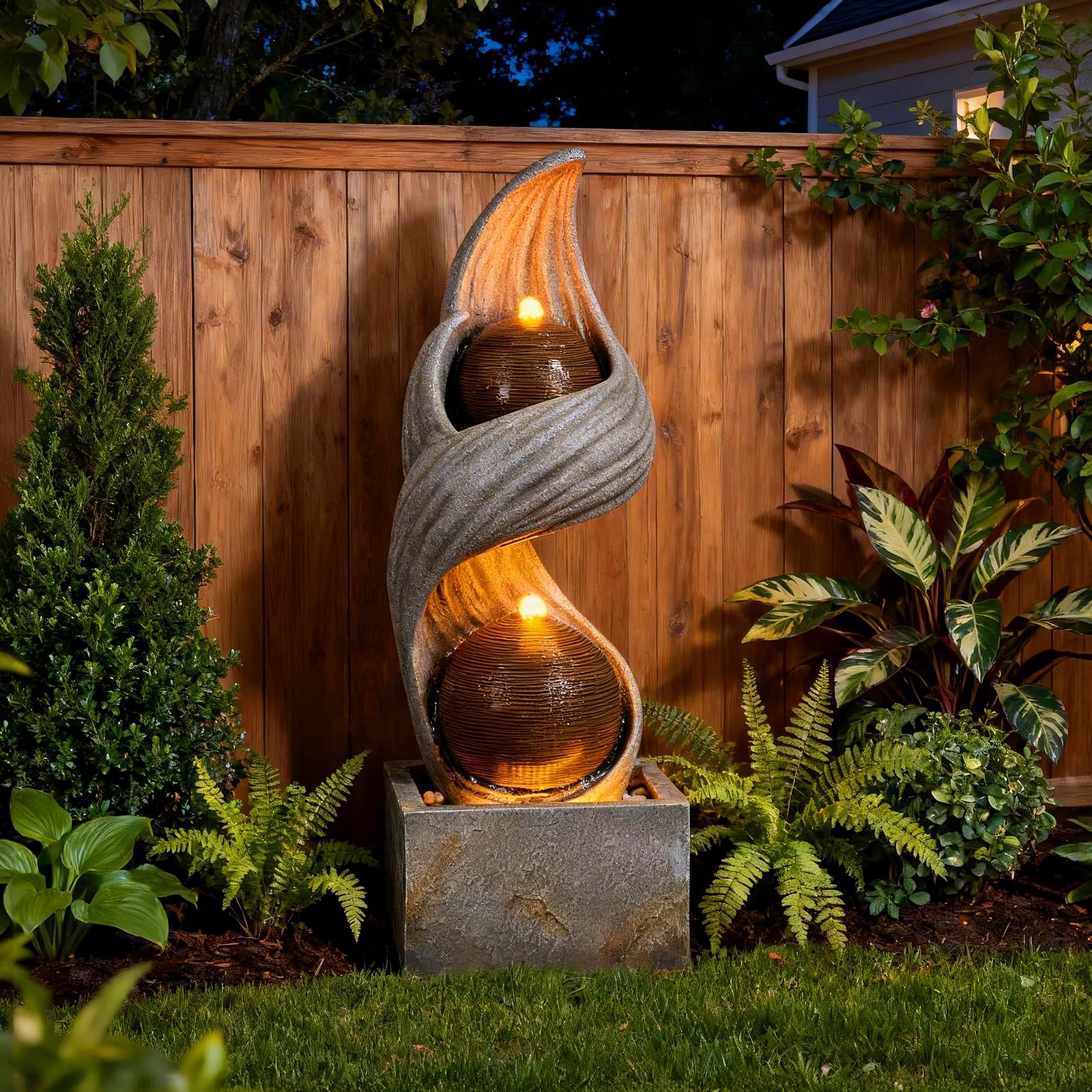 42.9"H Large Indoor Water Fountains,Modern Spiral Water Fountain Outdoor with Dual Spheres Zen Water Feature Floor Fountain with Light LED Waterfall for Outside Deck, Patio, Porch, Garden, Yard Decor