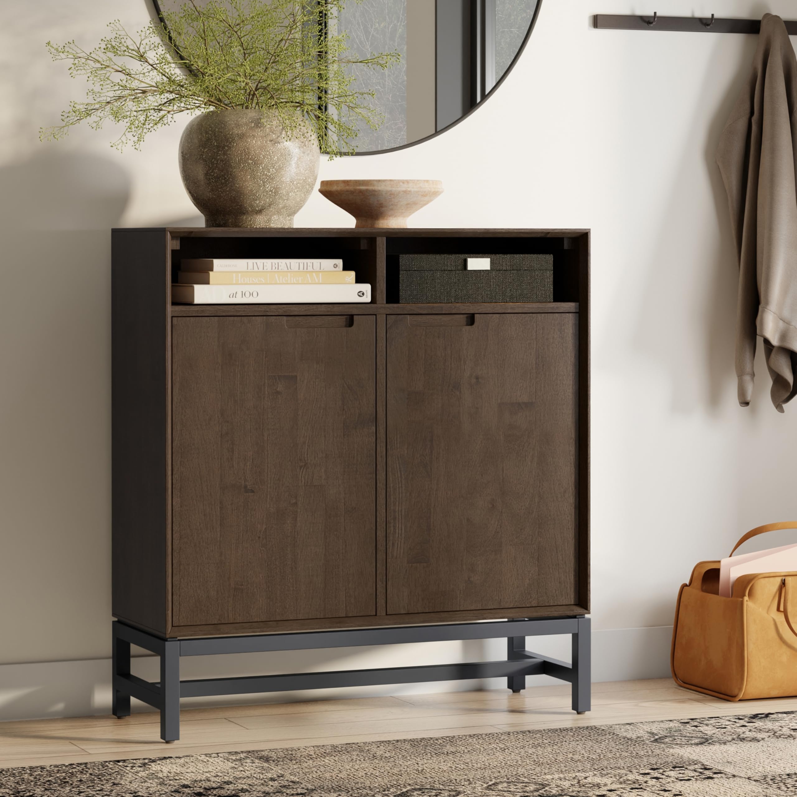 SIMPLIHOME Banting SOLID HARDWOOD 36 inch Wide Modern Industrial Entryway Storage Cabinet in Walnut Brown for the Living Room, Entryway and Family Room