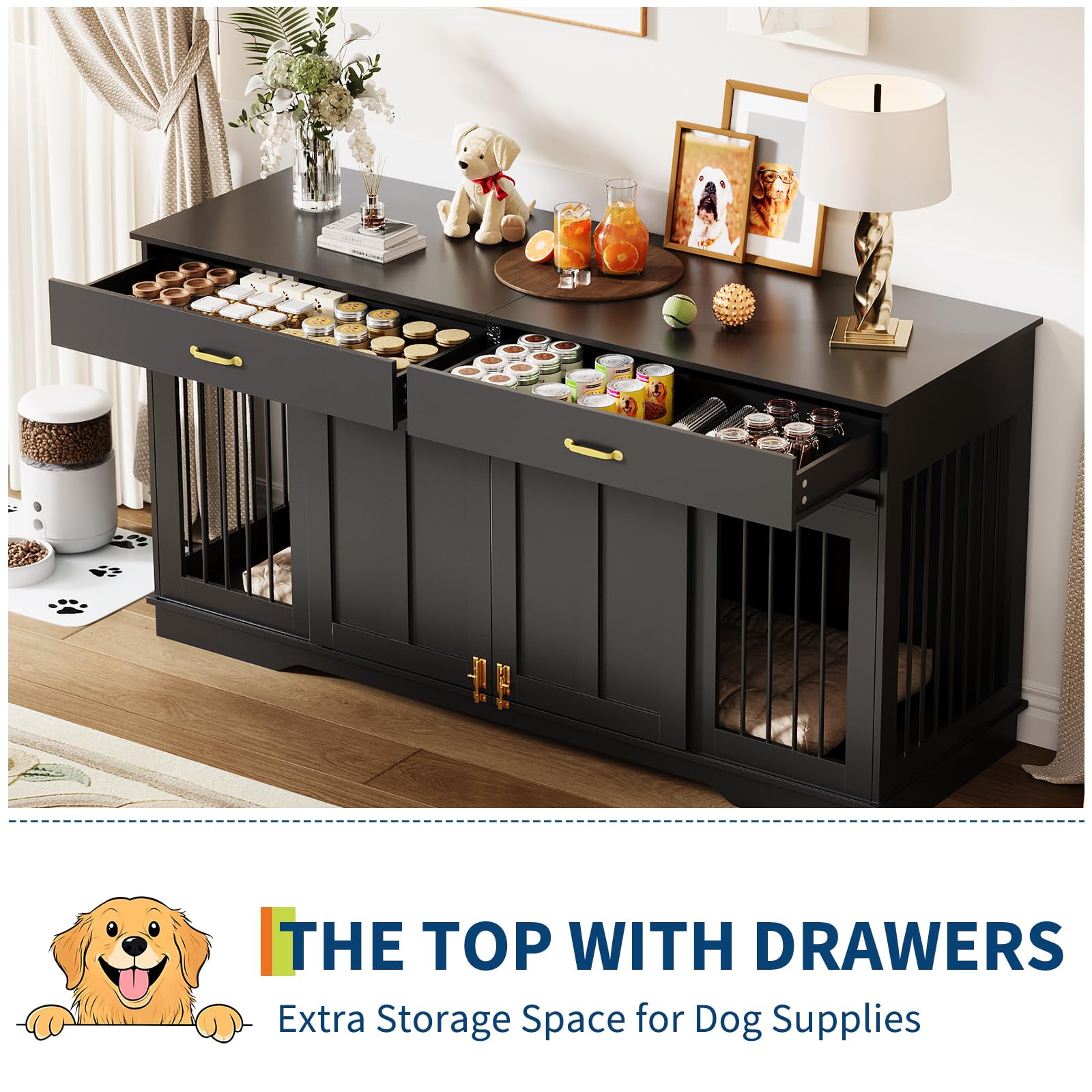 GarveeHome 71'' Double Wooden Dog Crate Furniture for 2 Dogs, with Removable Divider, Sliding Door & 2 Drawers, Decorative TV Stand for Living Room, Fits Small Medium Large Dogs