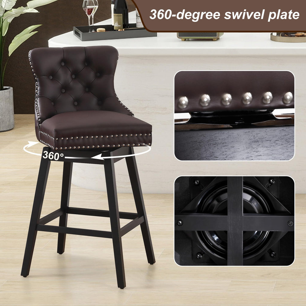Fahomiss Brown Leather Swivel Bar Stools Set of 4 with Back, 26 Inch Counter Height Chairs, Solid Wood Legs, Tufted Seat, Comfortable and Stylish for Kitchen, Island, Home Bar（Brown, 4 Pack, 26" H）
