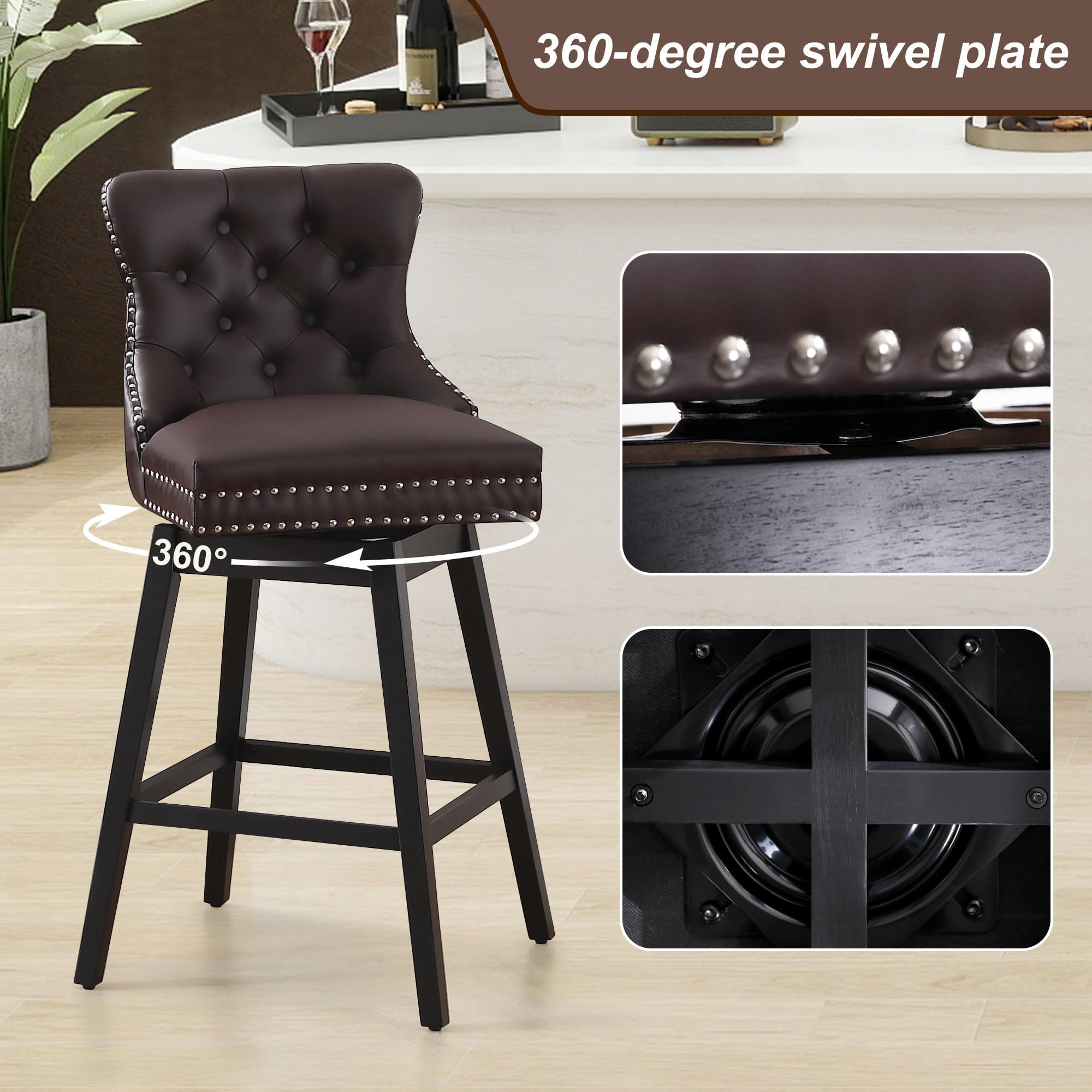 Fahomiss Brown Leather Swivel Bar Stools Set of 4 with Back, 26 Inch Counter Height Chairs, Solid Wood Legs, Tufted Seat, Comfortable and Stylish for Kitchen, Island, Home Bar（Brown, 4 Pack, 26" H）