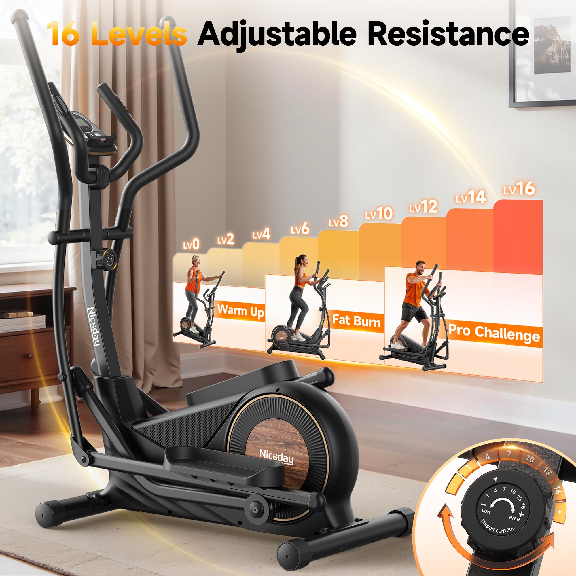 Niceday Elliptical Exercise Machine, Elliptical Machine for Home Use, Magnetic Elliptical Trainer with 18IN Stride, 16 Resistance Levels, 400LBS Loading Capacity, Support Kinomap APP Black