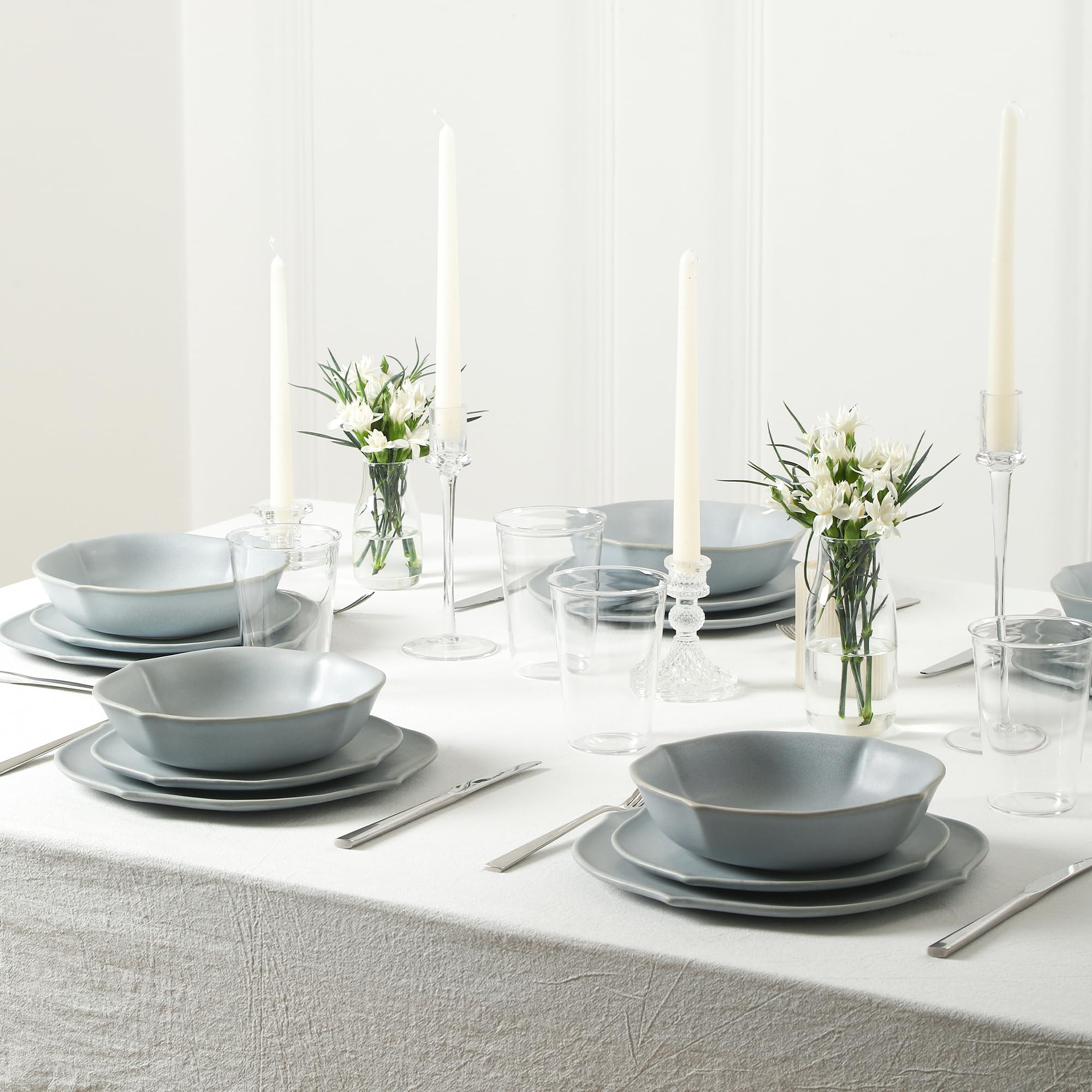 Stone Lain Baskerville 32-Piece Dinnerware Set Stoneware, Borosilicate Glass, Light Blue