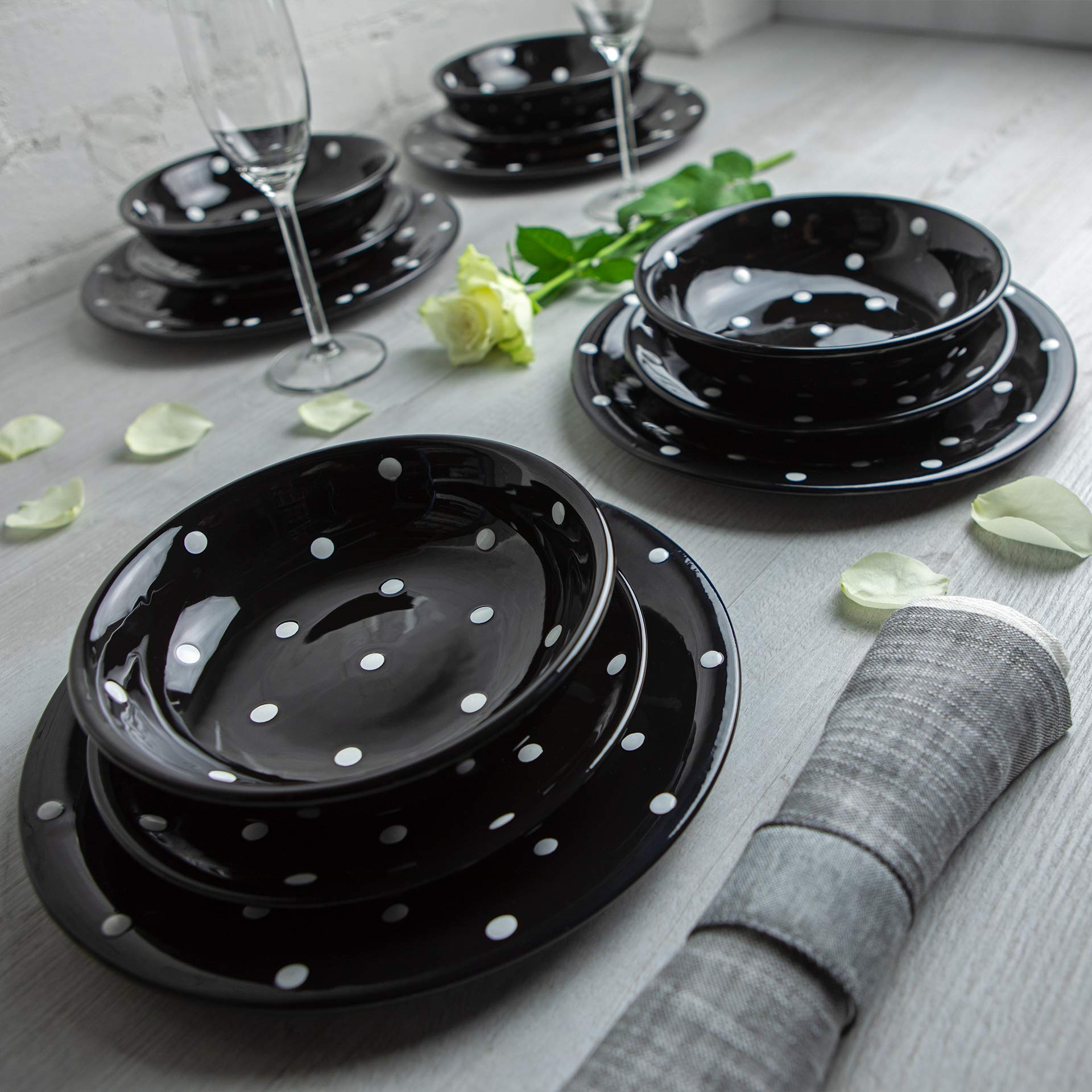 Handmade Black and White Polka Dot Ceramic 12 piece Dinnerware Set | Pottery Tableware Service for 4 | Dinner Plates | Side Plates | Bowls | Housewarming Gift by City to Cottage®