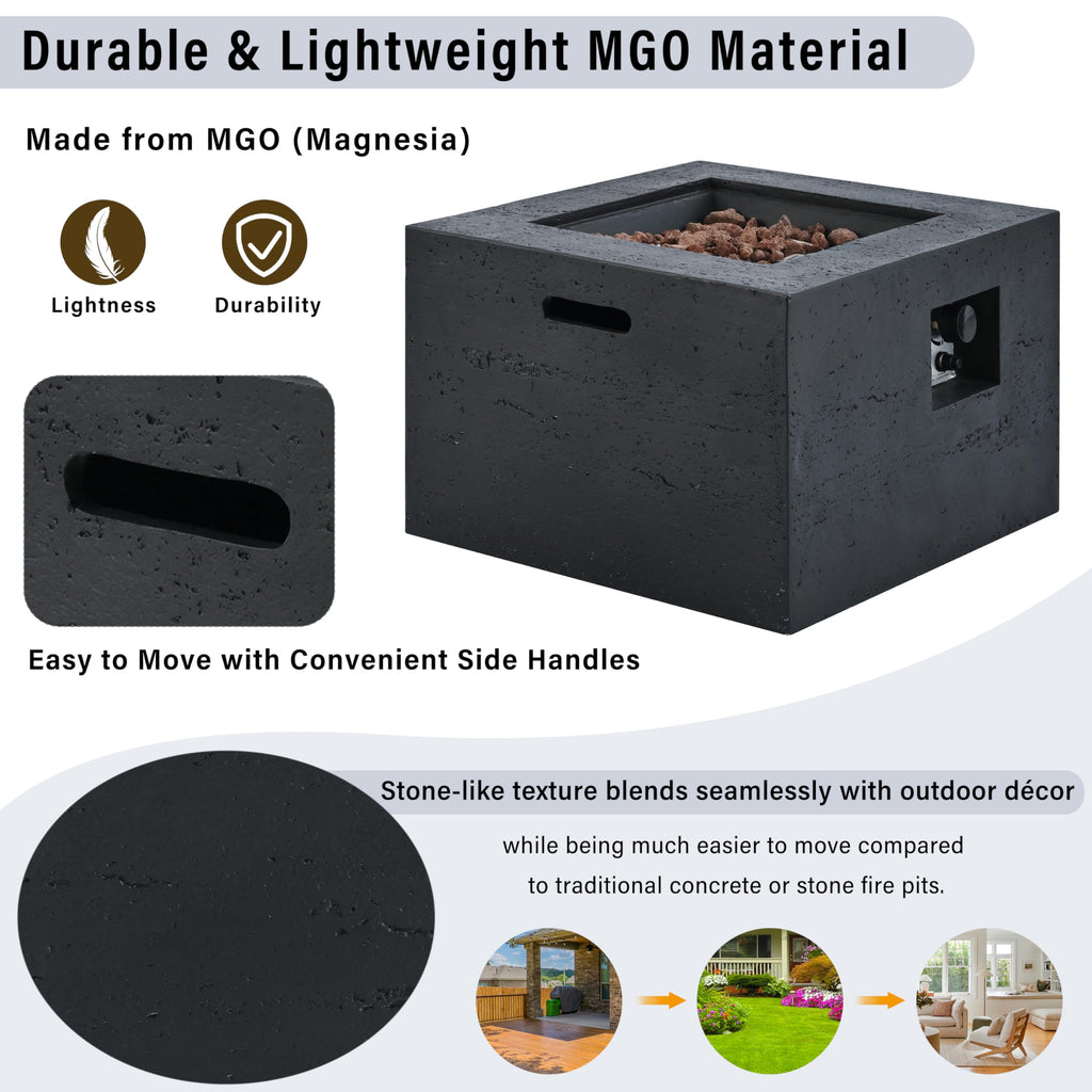 Merax MGO Outdoor Square Fire Pit with Steel Burner,Lightweight 24.02-inch Propane Fire Pit Table with Adjustable Flame, 40,000 BTU, Lava Rocks, and Rain Cover for Patio,Backyard, Poolside, Black