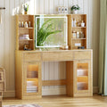 GRUTEUNIT 51" Large Vanity,Modern Fluted Makeup Vanity Desk with Mirror and Lights, Glass Top Vanity with 3 Drawers and 2 Cabinets&Charging Station,Dressing Table for Women and Girls’ bedrooms. Oak
