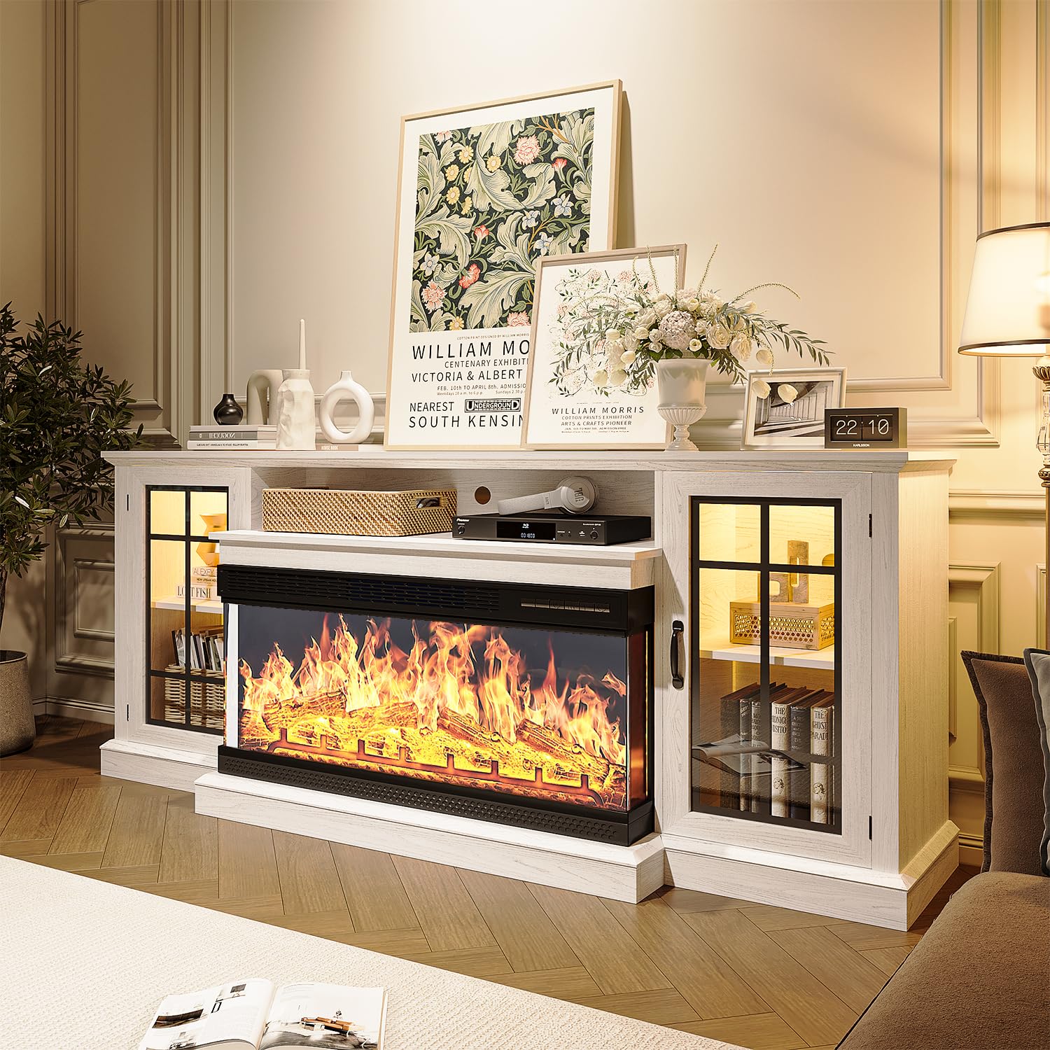 MXV 70'' Fireplace TV Stand, Farmhouse Entertainment Center with 3 Sided Glass TV Stand, Modern Media Console Table with Storage Drawers & Cabinets with LED Flame and Lights for Living Room, White