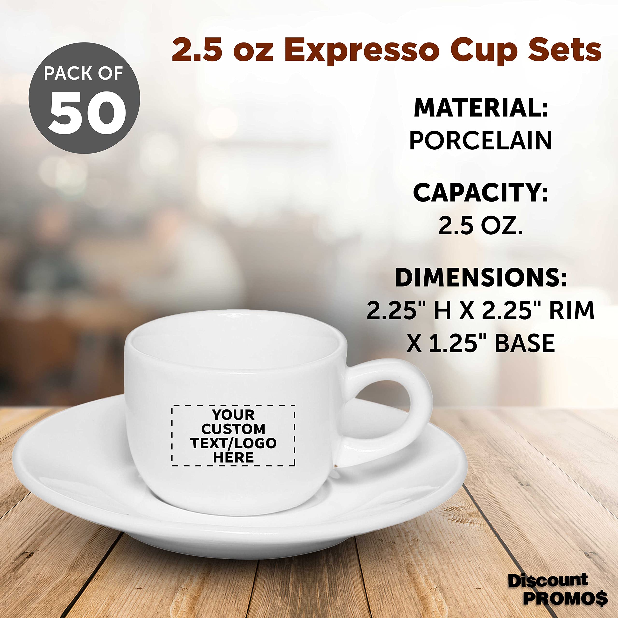 Custom Porcelain Espresso Cups with Saucer 2.5 oz. Set of 50, Personalized Bulk Pack - Perfect for Coffee, Tea, Espresso, Hot Cocoa, Other Beverages - White