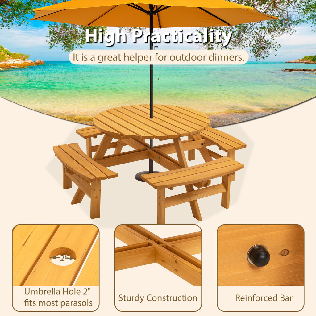 VroomAuto 8 Person Picnic Table Set with Benches, Solid Fir Wood Outdoor Dining Set, 43.3 Inch Round Table and 4 Foldable Benches for Patio Garden Camping, Natural Finish