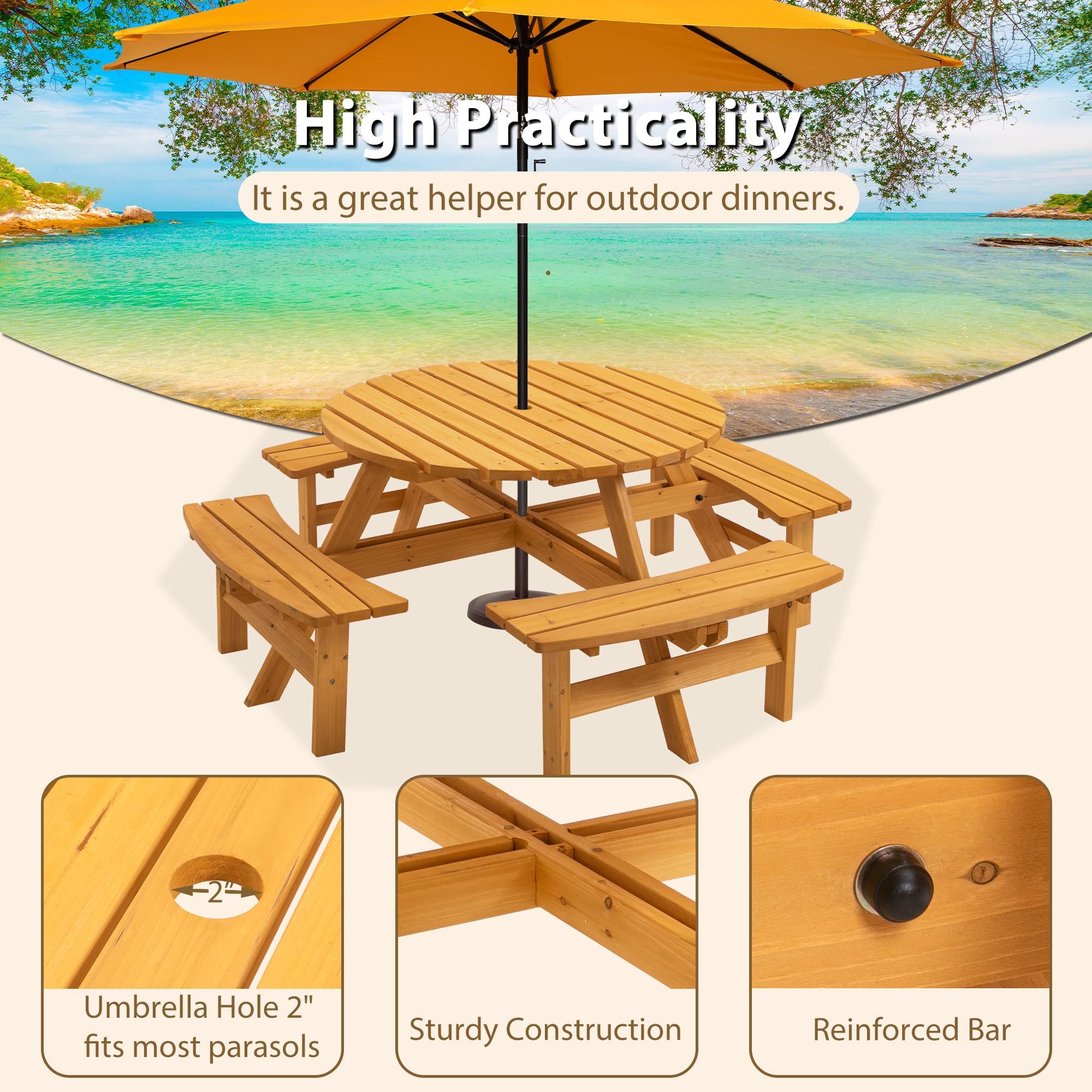 VroomAuto 8 Person Picnic Table Set with Benches, Solid Fir Wood Outdoor Dining Set, 43.3 Inch Round Table and 4 Foldable Benches for Patio Garden Camping, Natural Finish