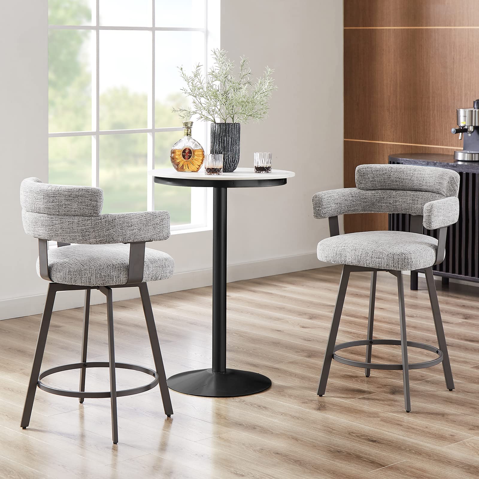 FERFALDER Counter Height Bar Stools with Full Back – Swivel Counter Stools Set of 2 with Linen Padded Back, Metal Footrest, Modern Barstools for Kitchen Counter, Island, Dining Room, Grey 24 inch