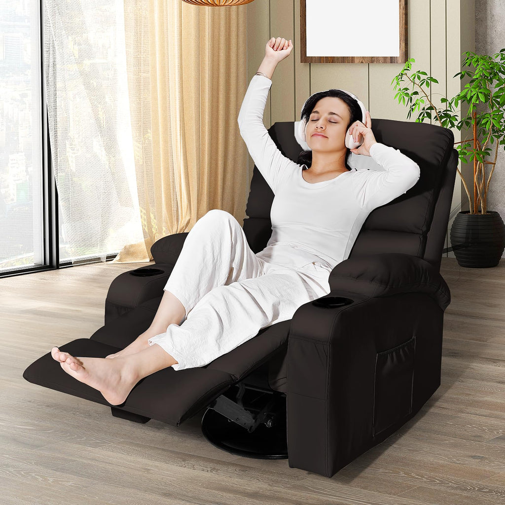 LAFWELL Rocking Recliner Chair, Massage Rocker Recliner Chair with Vibration Massage and Heat,360° Swivel Recliner Chairs, Living Room, Bedroom, Nursery, RV, Brown
