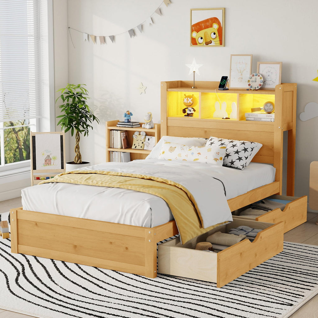 KEIKI Twin Size Wood Platform Bed Frame with Storage Headboard & Pull Out Storage Cabinet & 2 Drawers, Modern Bed with Solid Slats & Socket, No Box Spring Required, Easy Assembly, for Bedroom, Natural