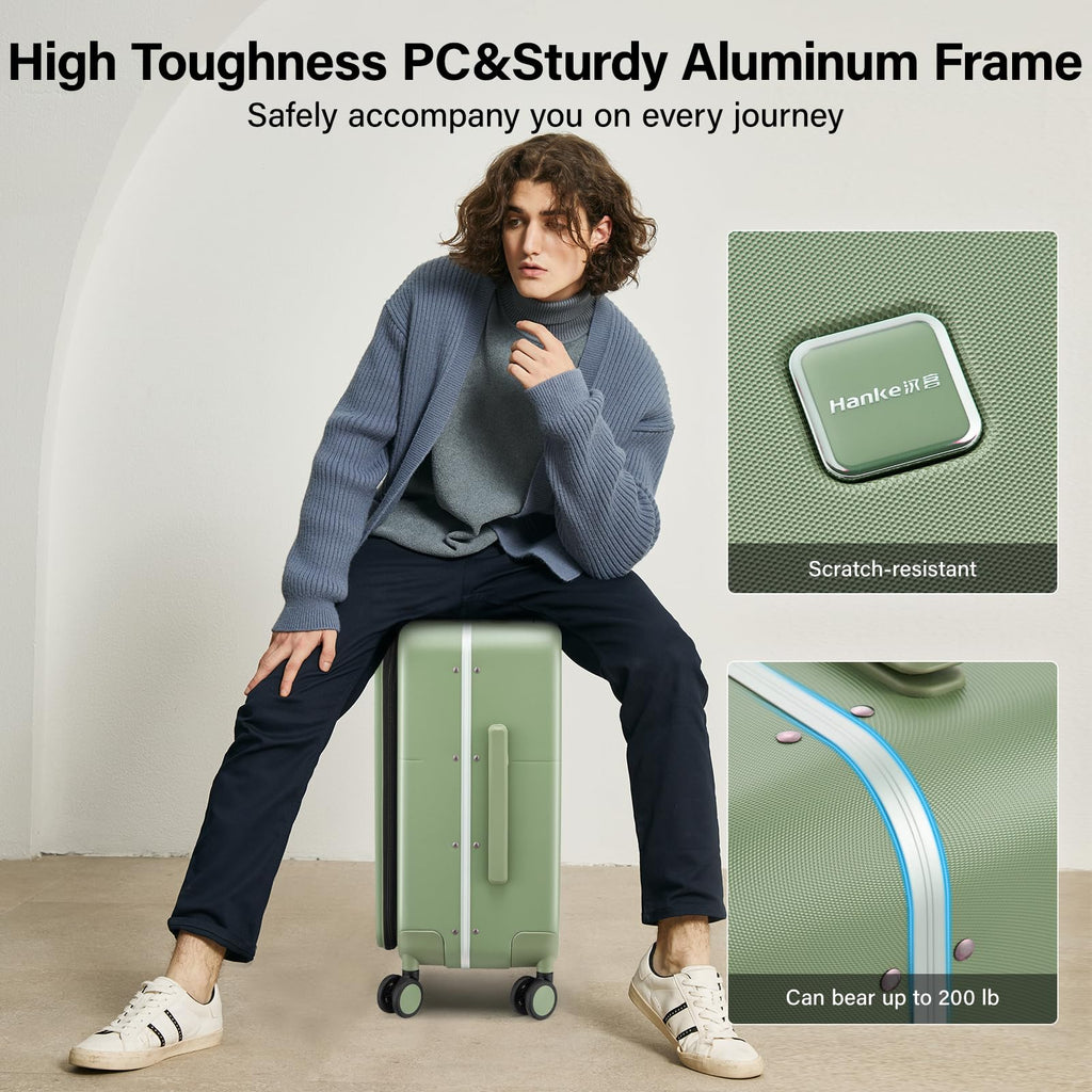 Hanke 28 Inch Checked Luggage with Cup Holder and USB Ports, Top Opening Hard Shell Suitcase with Wheels, Aluminum Frame Large Trunk Luggage with Foldable Divider & TSA Lock for Travel, Bamboo Green