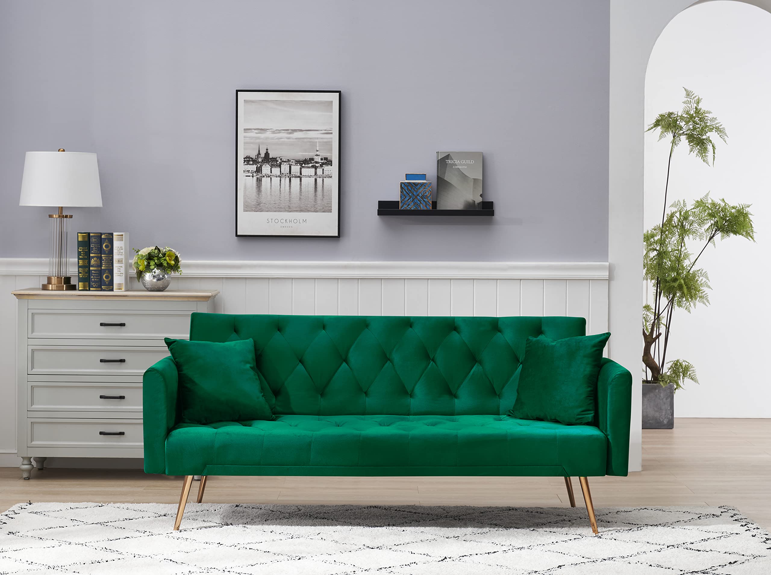 ERYE 71-Inch Soft Velvet Futon Sofa Bed Upholstered Tufted Futon Daybed W/Golden Leg & 2 Pillows,Modern Loveseat Couch Convertible Sleeper Sofabed for Home Apartment Office