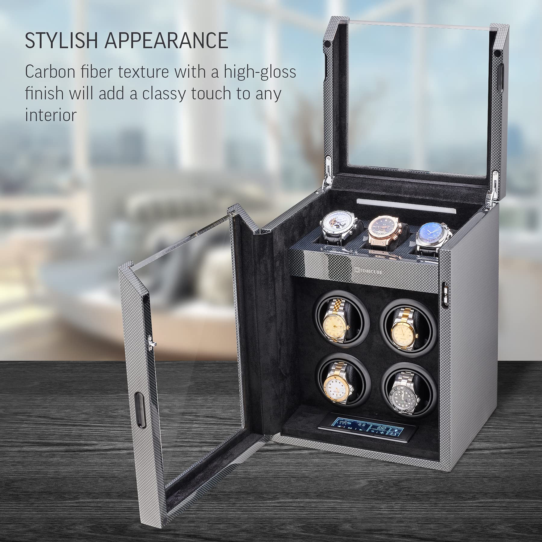 TIMECUBE Watch Winder for 4 Watches with 15 Winding Programs and 3 Watch Storage Slots (Carbon)