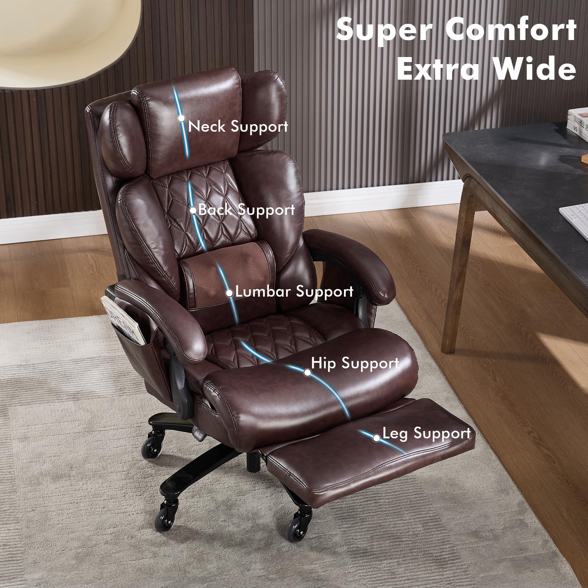 Big and Tall Ergonomic Office Chair with Footrest, Massage Cushion, Heavy Duty Lumbar Support Executive Desk Chair with Adjustable Headrest, High Back Reclining Computer Chair 500lbs, Leather, Brown