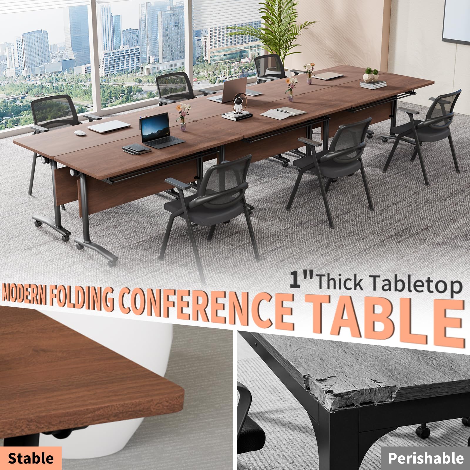 JNMDLAKO Modular Folding Conference Table with Locking Wheels, 10 Pack Flip Top Mobile Training Table, Modern Meeting Seminar Tables for Office, Hotel Conference Room(10,Walnut,55" L x 21" W x 29" H)