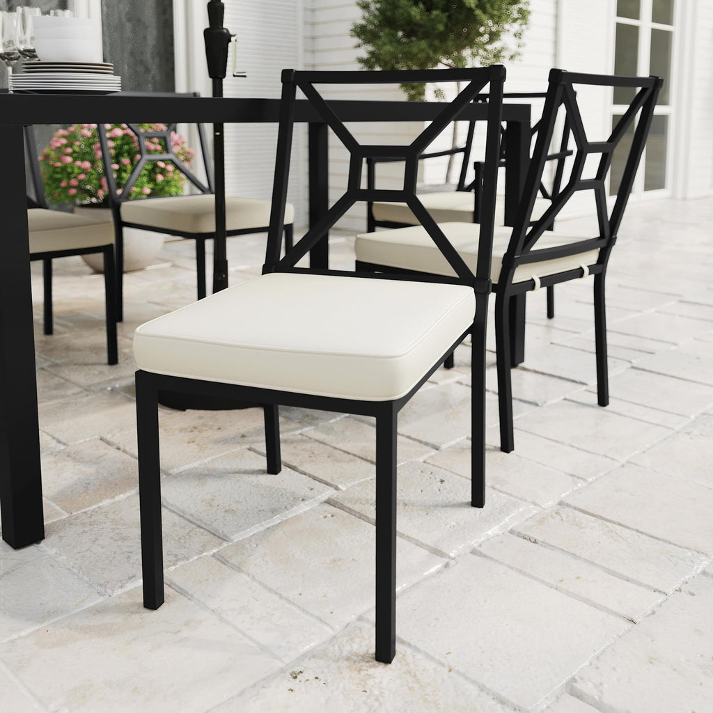 Martha Stewart Lily Pond All-Weather Stackable Patio Chairs with Elevated Backrest Design and Steel Frames in Black with Cream Cushions, Set of 2