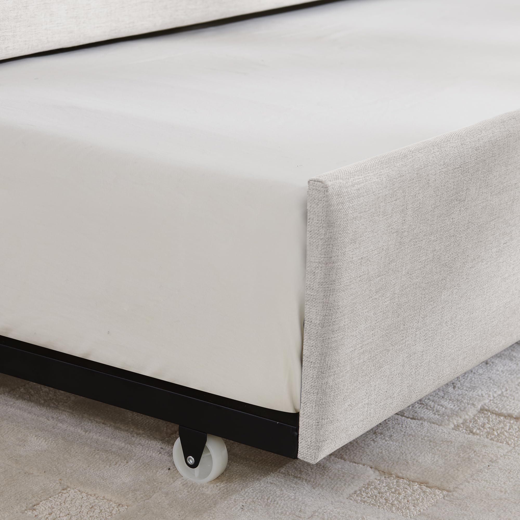 Ball & Cast Full Size Daybed with Pop up Trundle,Linen Upholstered Day Bed Frame with Channel Tufted Backrest & Armrest,Extendable Trundle Bed,Full to King Design,Easy Assembly,Black