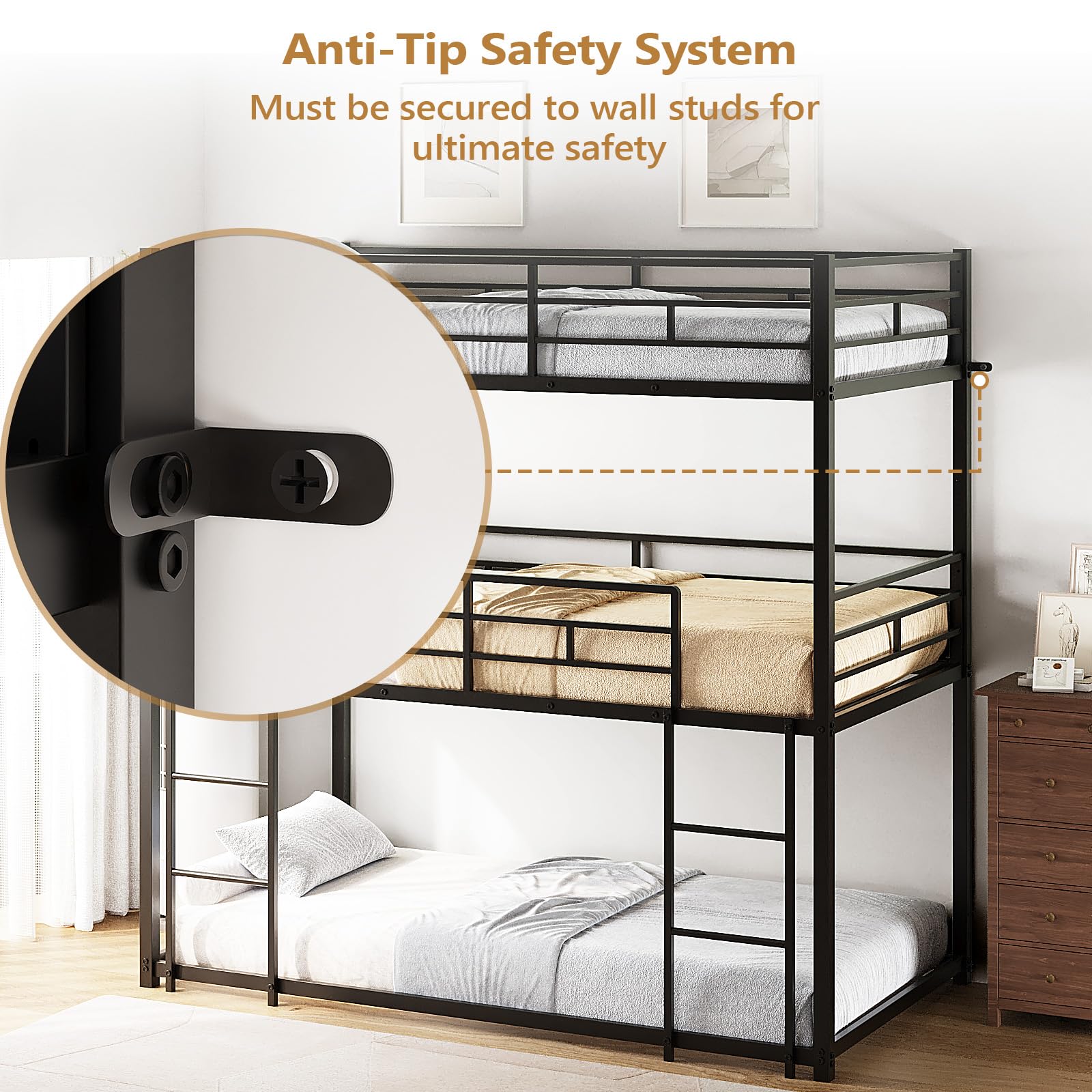JOYMOR Triple Bunk Bed Twin Over Twin Over Twin, Metal 3 Bunk Bed for Kids, Teens and Adults, Heavy Duty Triple Bed Frame with Safety Guardrail, No Box Spring Needed