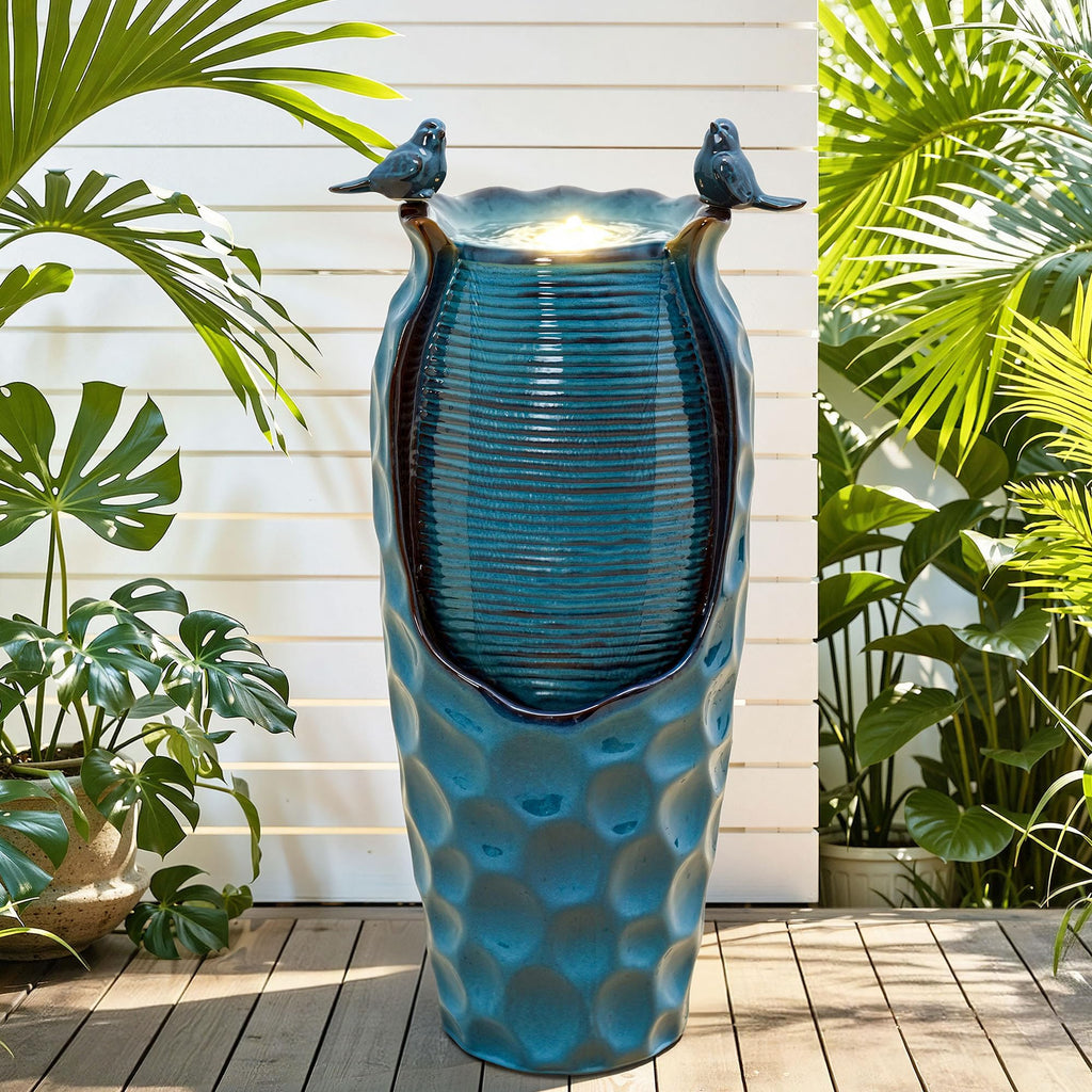 Autodaya 32.5" H Ceramic Jar Outdoor Fountain, Honeycomb Pot Water Feature with LED Lights, Soothing Trickling Waterfall for Garden, Patio, Yard, Balcony Oasis, KD Vivid Birds, Turquoise Glaze