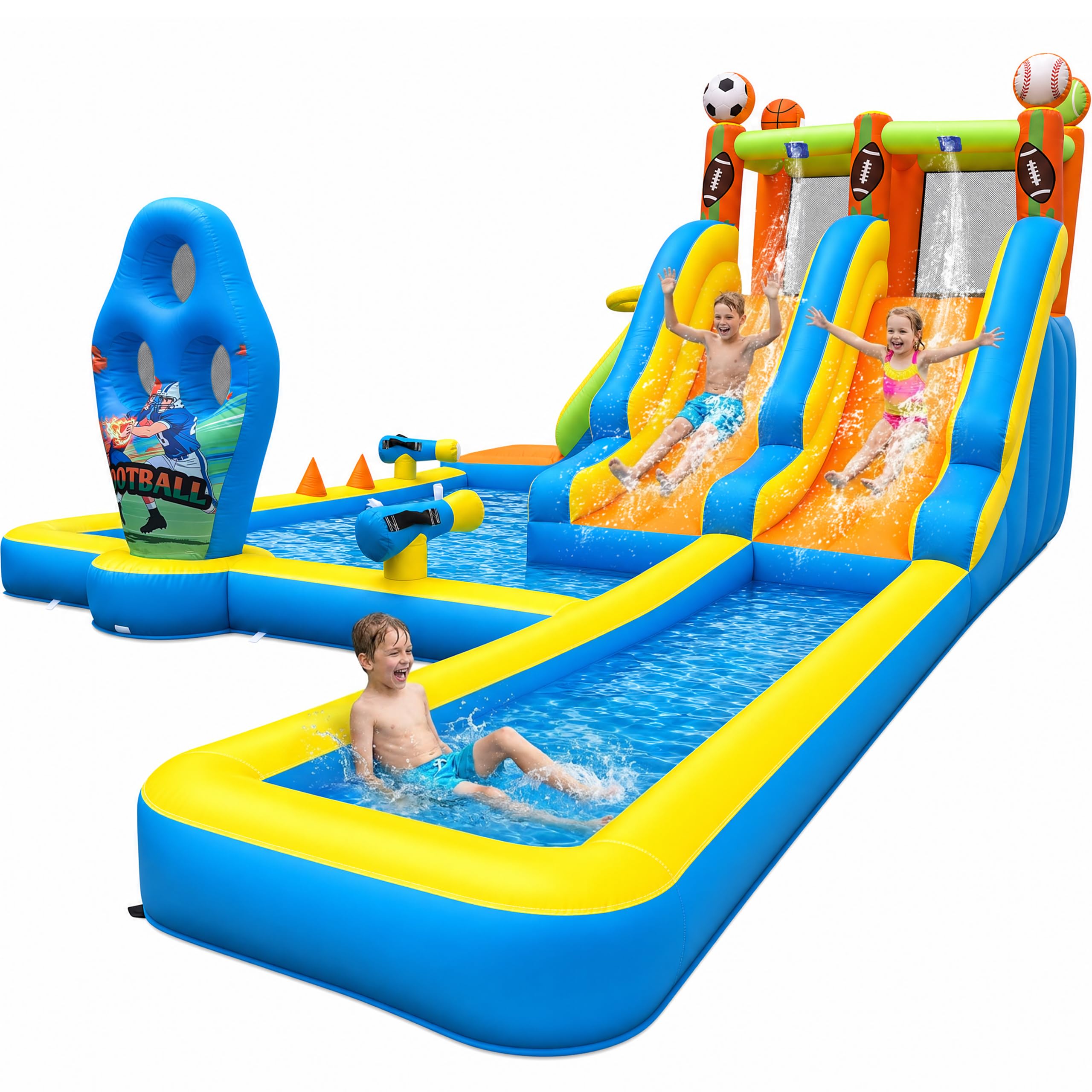 TOAOB Inflatable Water Slide for Kids 3-12: Blow Up Backyard Water Park with 2 Slides - 9 in 1 Football-Themed with 550W Blower for Outdoor Birthday Party
