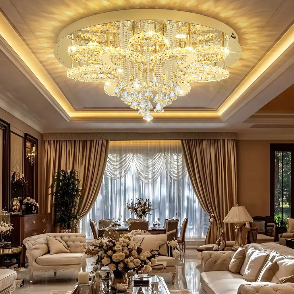 Flashing God 32'' Modern Crystal Chandeliers for Living Room Crystal Ceiling Light Fixture LED Dimmable Pendant Lighting Flush Mount Ceiling Chandelier for Dining Room Bedrooms Foyer Gold