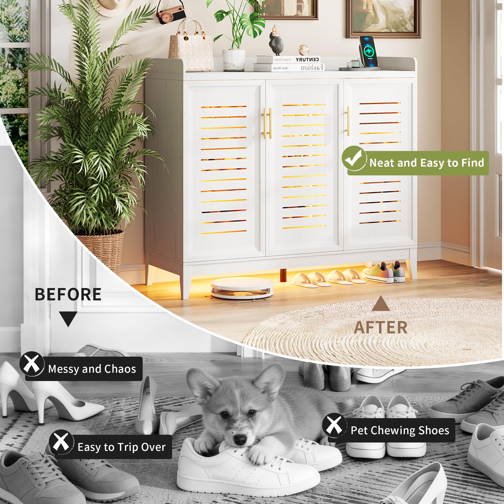 Vlsrka 6 Tier Shoe Storage Cabinet with Shutter Doors and Adjustable Shelves, Rotating Shoe Organizer Cabinet with Human Sensor Lighting, Wooden Shoe Cabinet for Entryway, Hallway, Living Room, White