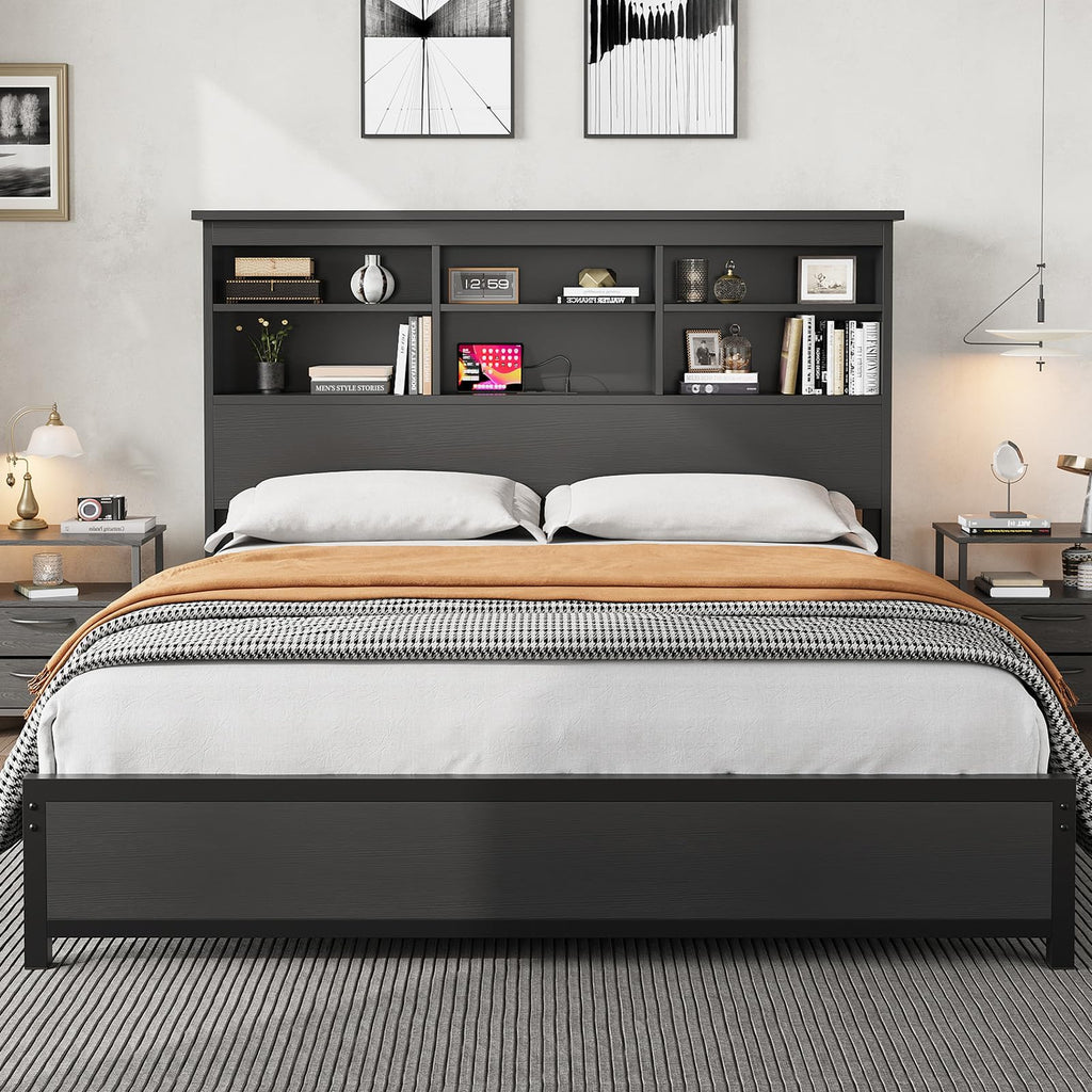 Garvee Queen Platform Bed Frame with Bookcase Headboard, Charging Station (USB & Type‑c), Tall Wooden Headboard, 9.6" Underbed Storage, No Box Spring Needed, Black