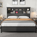 Garvee Queen Platform Bed Frame with Bookcase Headboard, Charging Station (USB & Type‑c), Tall Wooden Headboard, 9.6" Underbed Storage, No Box Spring Needed, Black