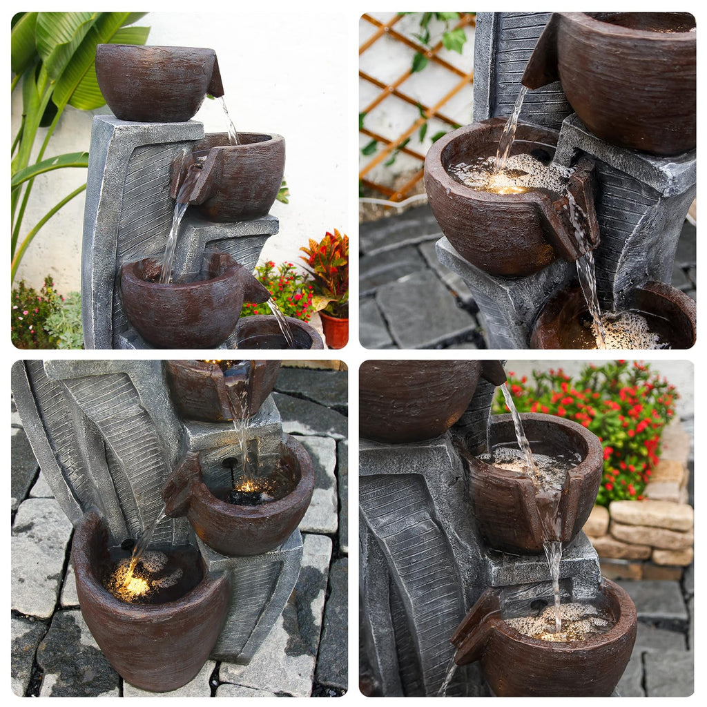 6-Tier Cascading Outdoor Water Garden Fountain 49.61''H Modern Floor-Standing Indoor Waterfall Fountains Bowl and Jar Water Feature with LED Lights for Office Home Art Decor Deck Yard Patio Porch