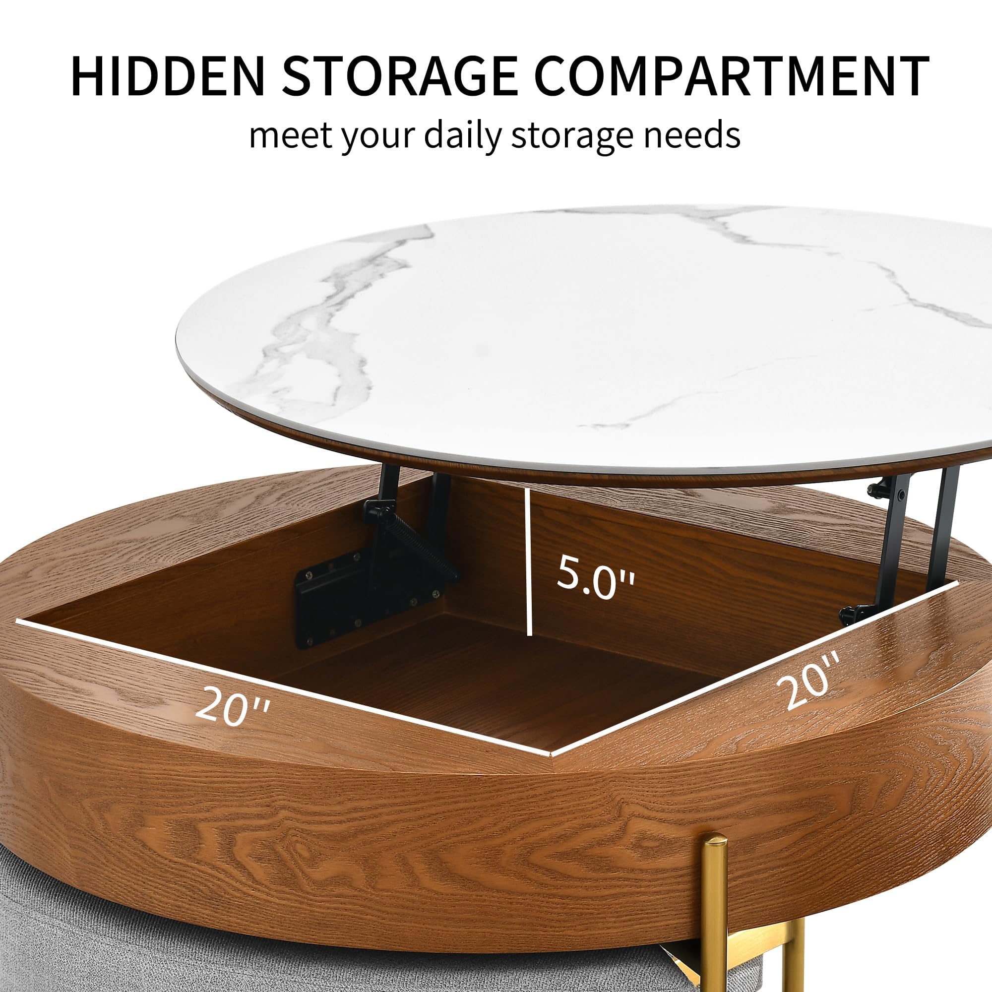 YITAHOME 32" L Round Marbling Pattern Slate Coffee Table with Storage 3 Stools Wood Rustic Boho Lift Top Coffee Table Set for Living Room