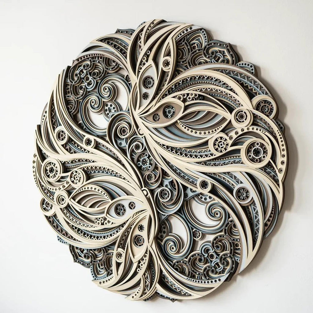 FARIDRUN Multi-layer wall art, large geometric wooden wall art, mandala laser-cut art, 3D murals, tapestries, wall decorations(23.6 inches x 23.6 inches)