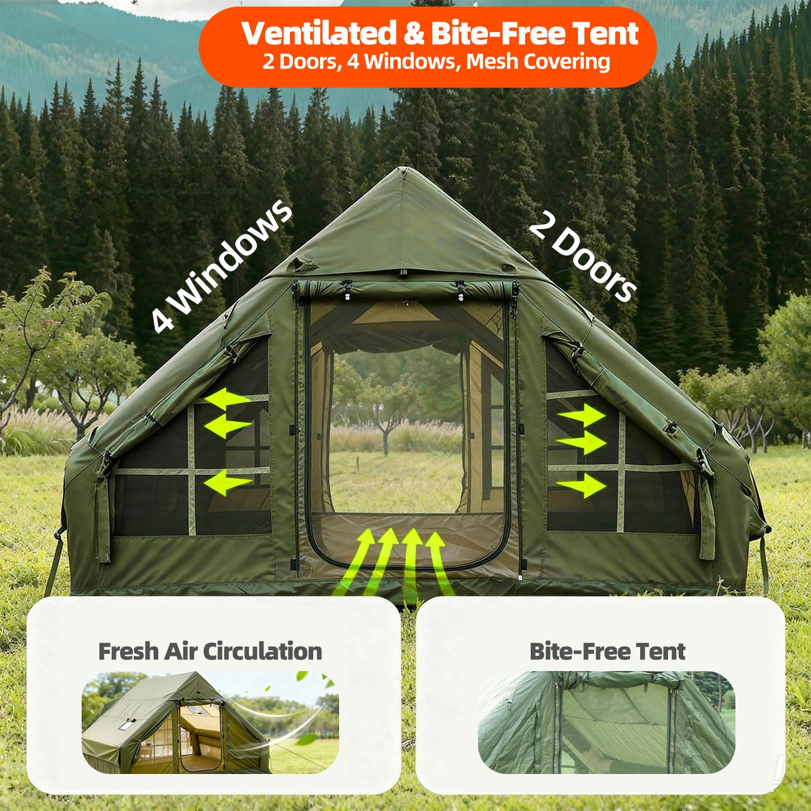 Inflatable Camping Tent, Glamping Blow Up Tent with Hand Pump for All-Season, 3 Mins Easy Setup, Waterproof Tens with Mesh Window for 4-6 Person, Suit for Family, Friend, Camp, Outdoor Gathering