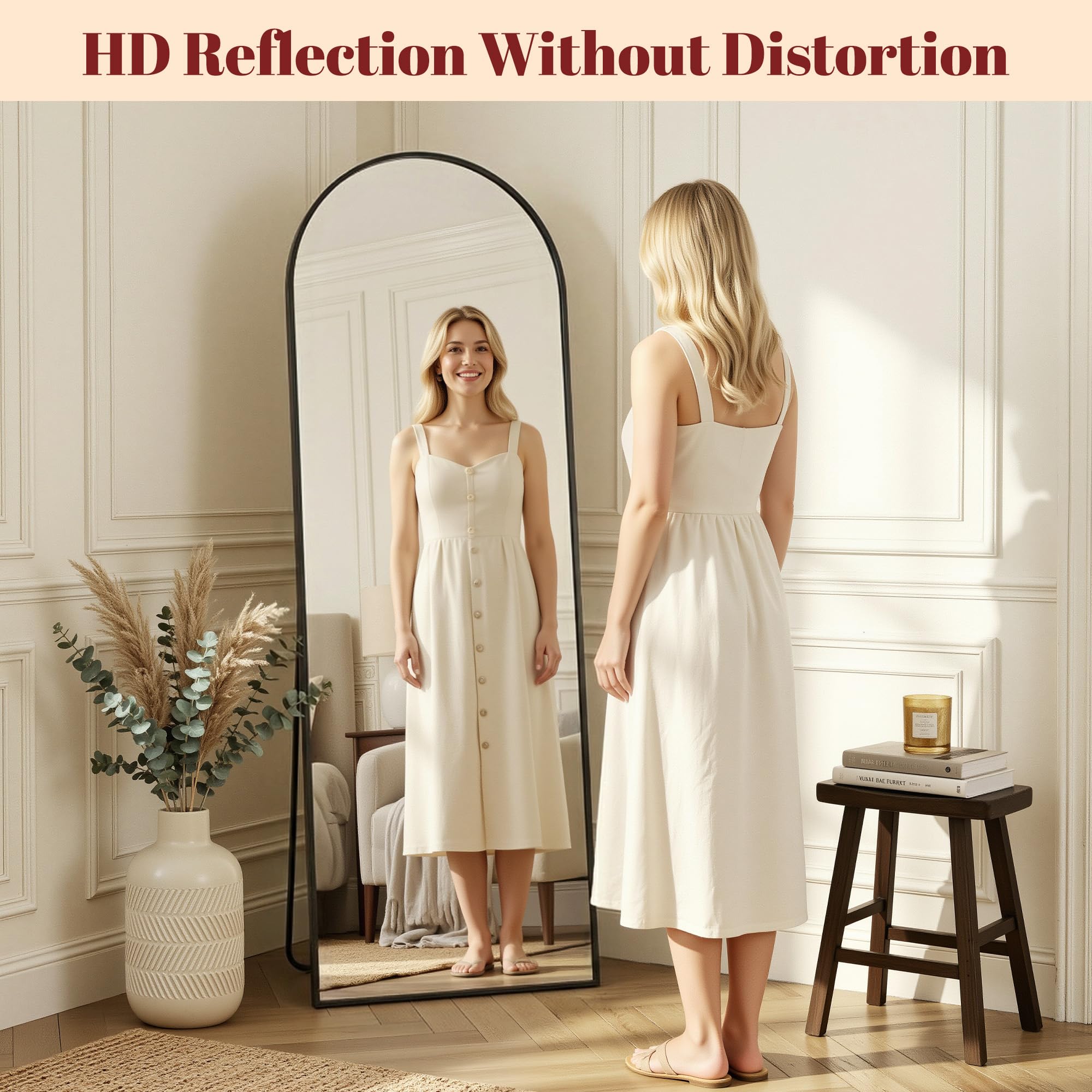 Suidia 86"x46" Arched Full Length Mirror with Stand, Full Body Mirror with Aluminum Frame, Freestanding/Leaning/Wall-Mounted, Floor Mirrors for Bedroom, Living Room, Entryway, Dressing Room, Black