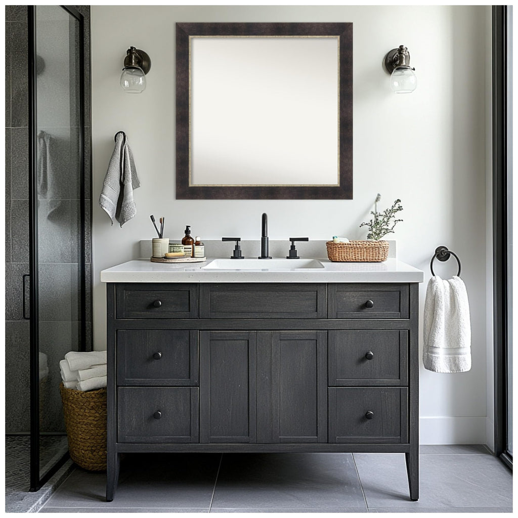 Amanti Art Bronze Bathroom Mirror for Over Sink, 31x31 Odin Antique Bronze Square Vanity Mirror, Large Modern Wood Frame, Hangs Horizonally and Vertically, Bathroom Wall Decor, Non-Beveled Edge
